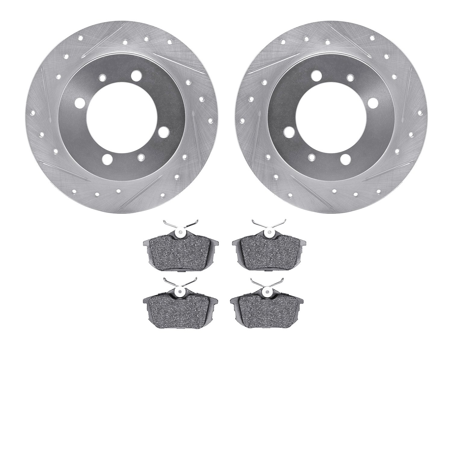 7502-27027 Drilled/Slotted Brake Rotors w/5000 Advanced Brake Pads Kit [Silver], 2000-2004 Multiple Makes/Models, Position: Rear