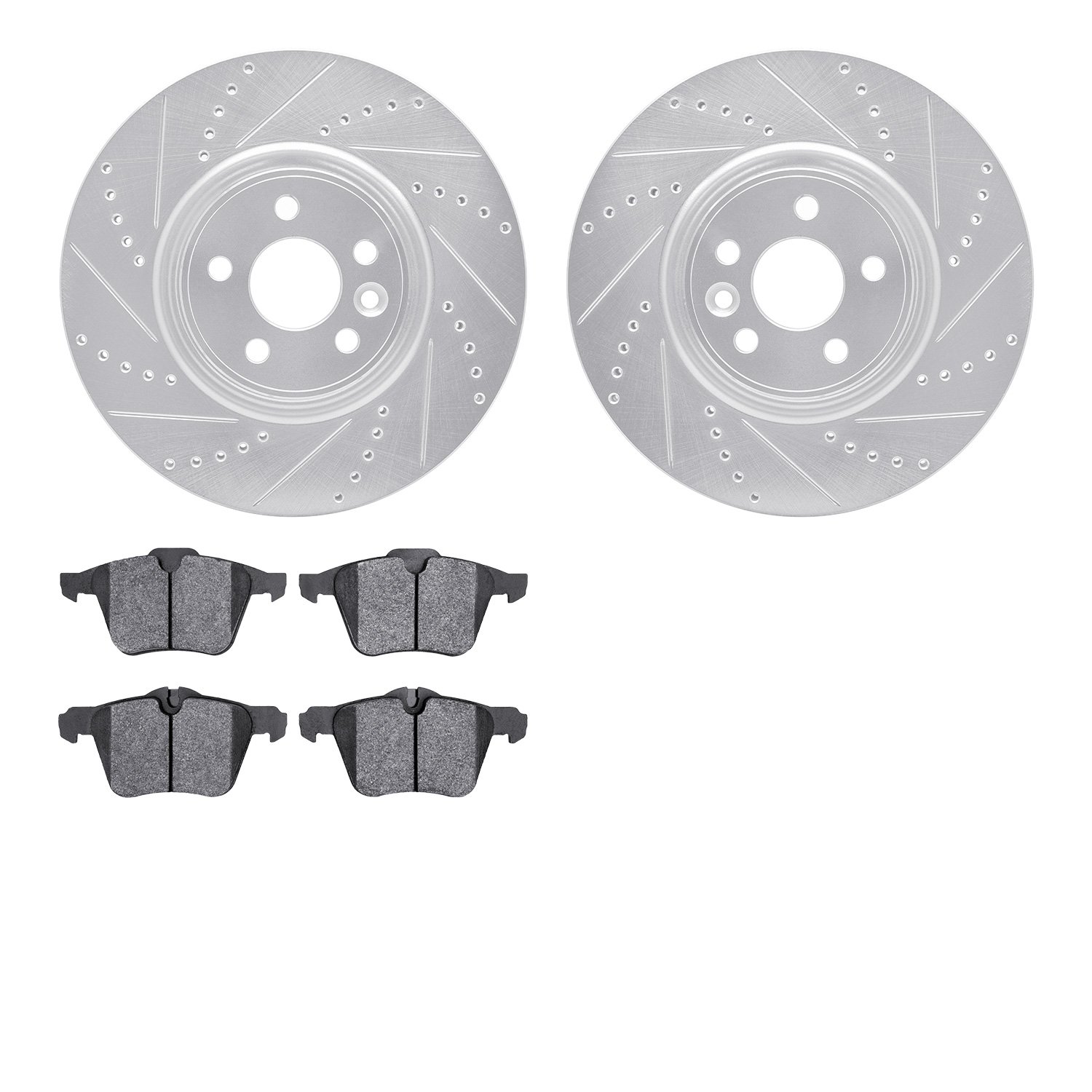 7502-27041 Drilled/Slotted Brake Rotors w/5000 Advanced Brake Pads Kit [Silver], 2007-2016 Volvo, Position: Front