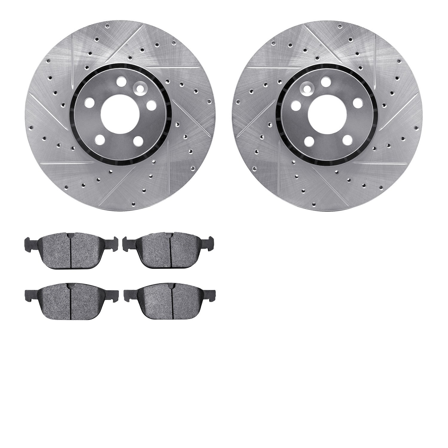 7502-27045 Drilled/Slotted Brake Rotors w/5000 Advanced Brake Pads Kit [Silver], 2010-2016 Volvo, Position: Front