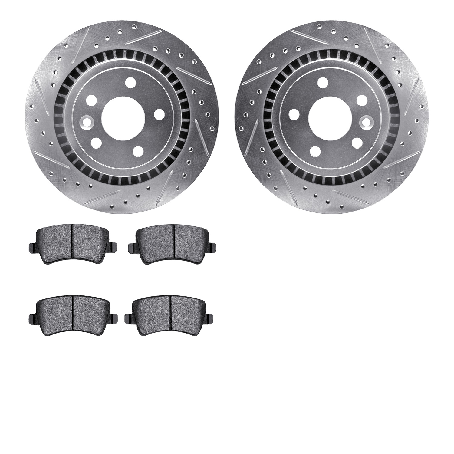 7502-27046 Drilled/Slotted Brake Rotors w/5000 Advanced Brake Pads Kit [Silver], 2010-2017 Volvo, Position: Rear