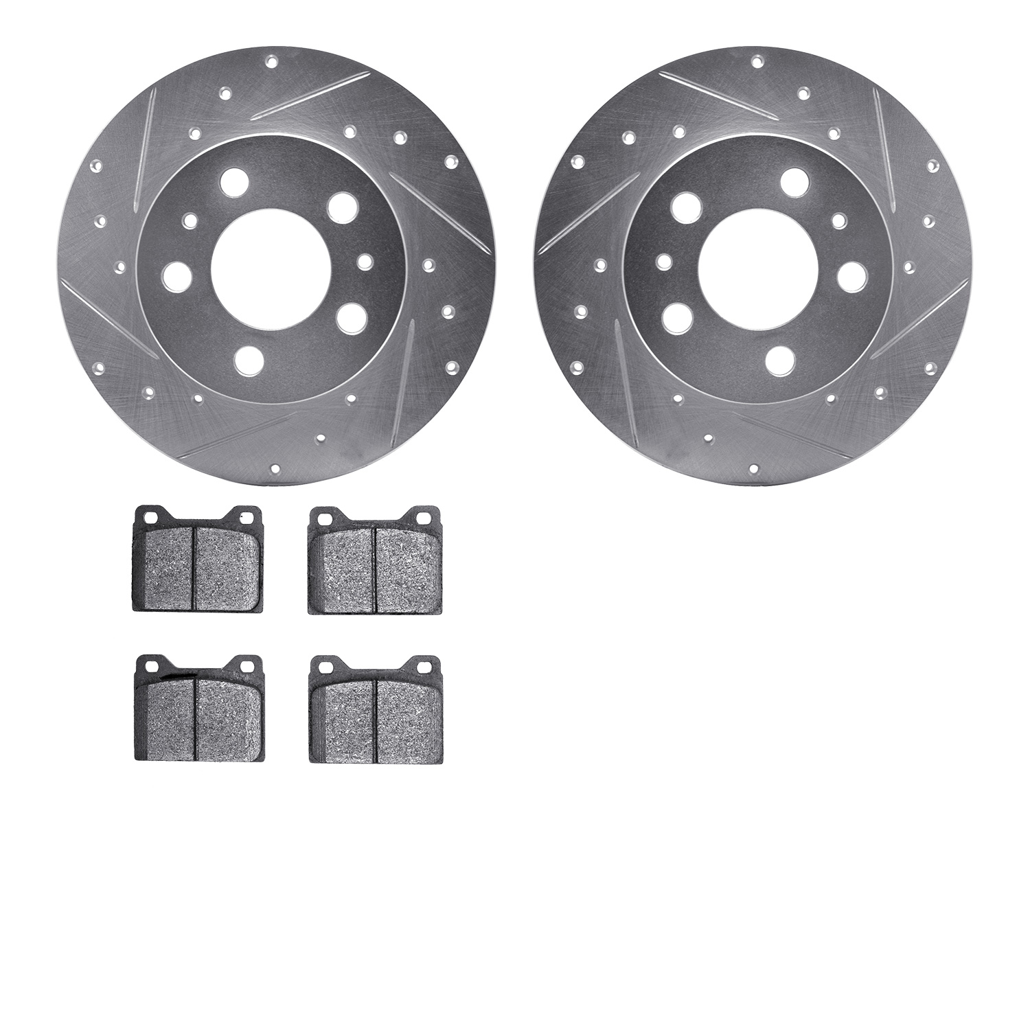 7502-27060 Drilled/Slotted Brake Rotors w/5000 Advanced Brake Pads Kit [Silver], 1967-1972 Volvo, Position: Front