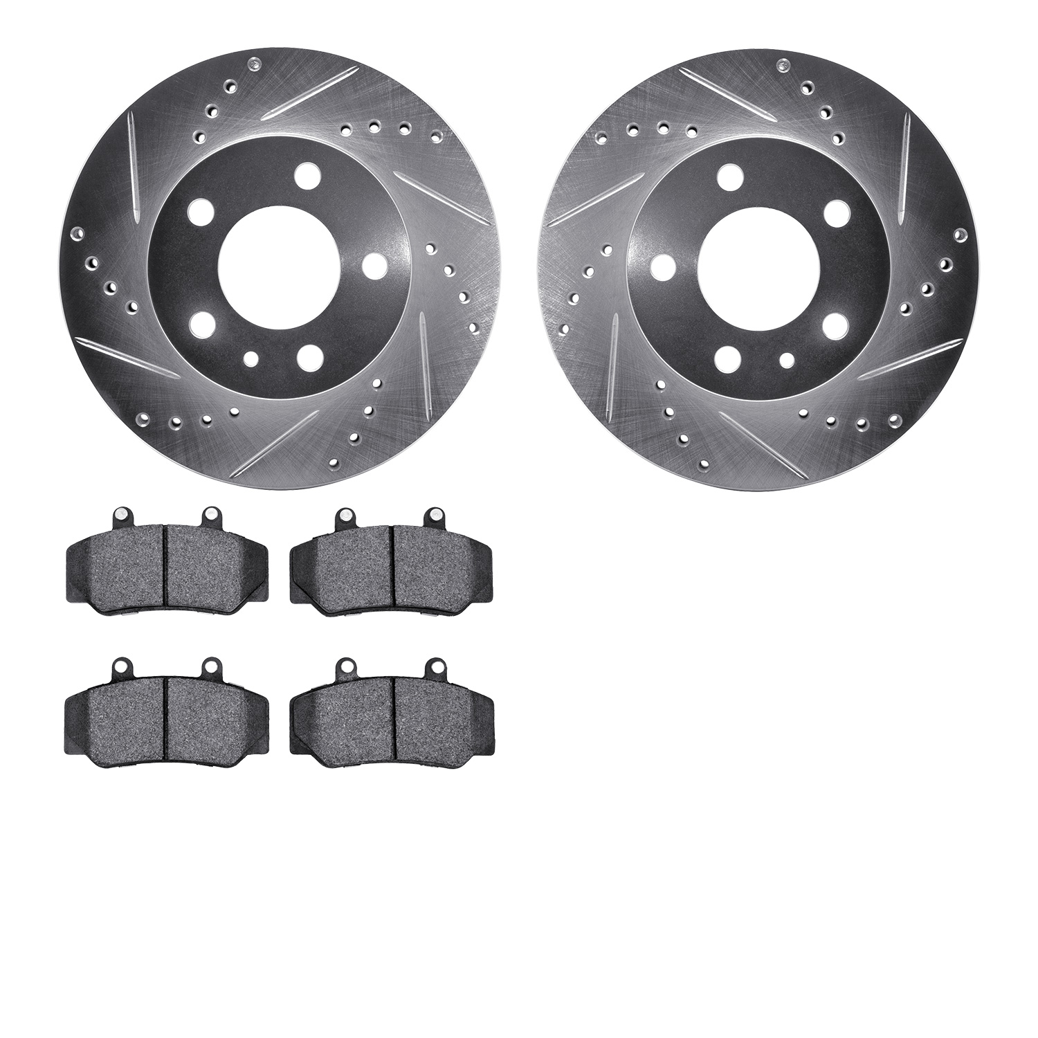 7502-27064 Drilled/Slotted Brake Rotors w/5000 Advanced Brake Pads Kit [Silver], 1983-1990 Volvo, Position: Front