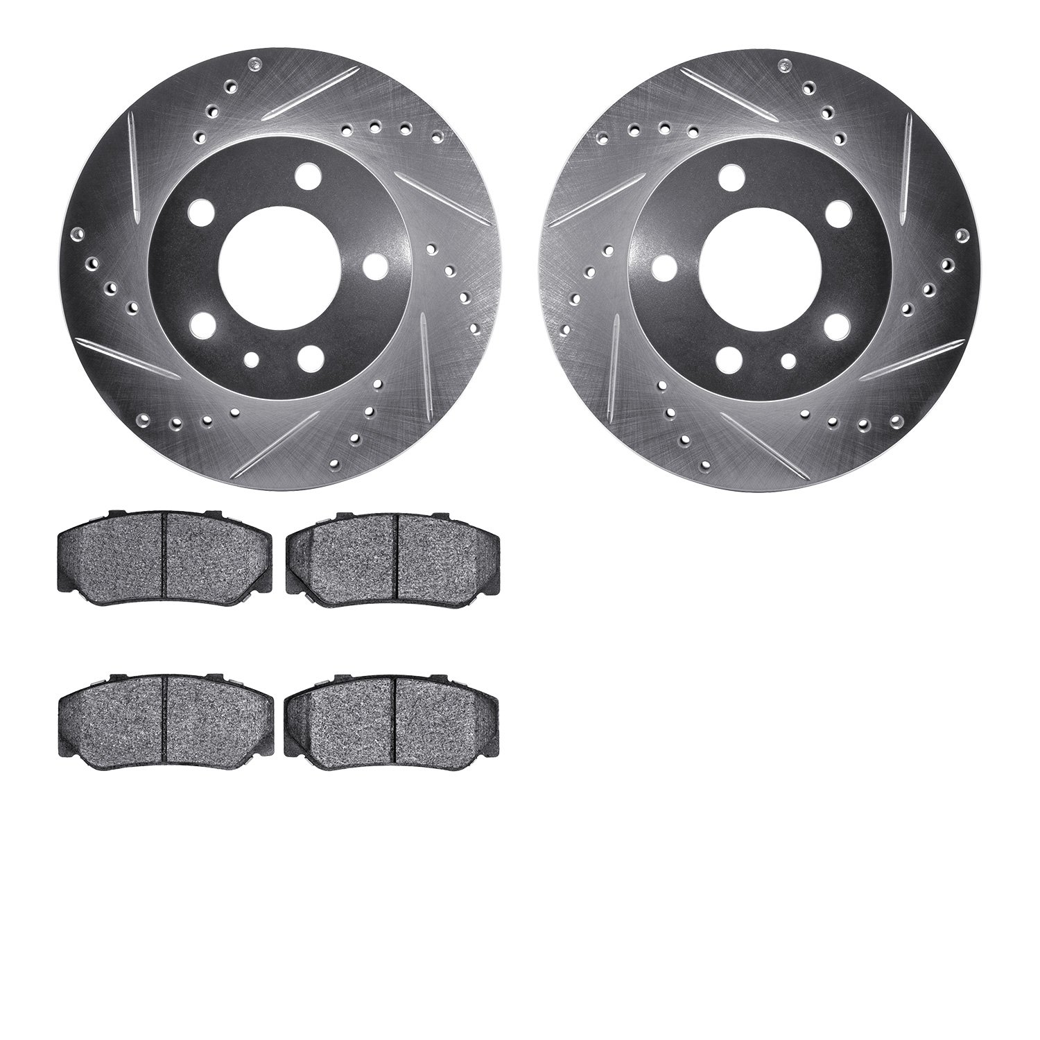 7502-27065 Drilled/Slotted Brake Rotors w/5000 Advanced Brake Pads Kit [Silver], 1983-1987 Volvo, Position: Front