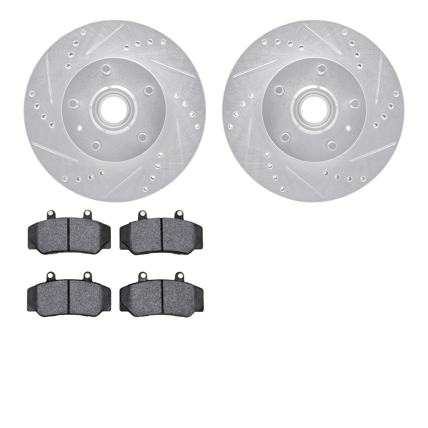 7502-27070 Drilled/Slotted Brake Rotors w/5000 Advanced Brake Pads Kit [Silver], 1983-1987 Volvo, Position: Front