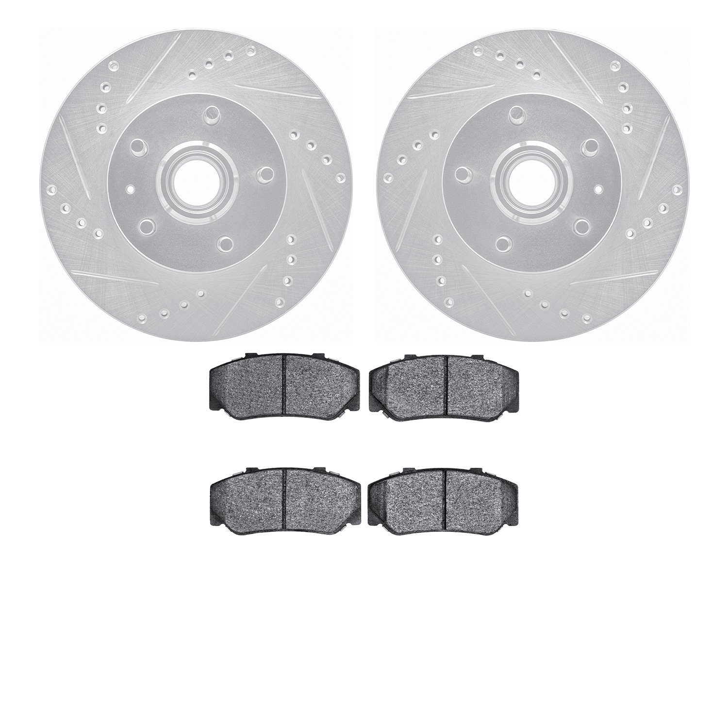 7502-27071 Drilled/Slotted Brake Rotors w/5000 Advanced Brake Pads Kit [Silver], 1983-1987 Volvo, Position: Front