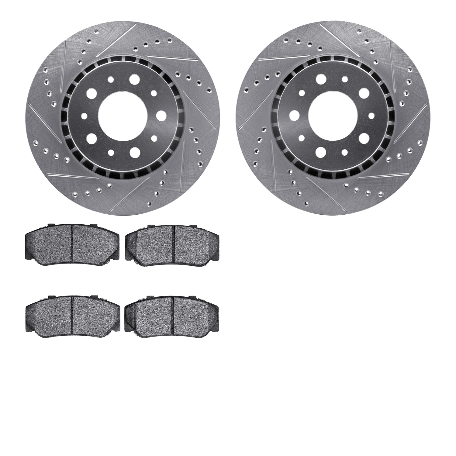 7502-27074 Drilled/Slotted Brake Rotors w/5000 Advanced Brake Pads Kit [Silver], 1983-1987 Volvo, Position: Front