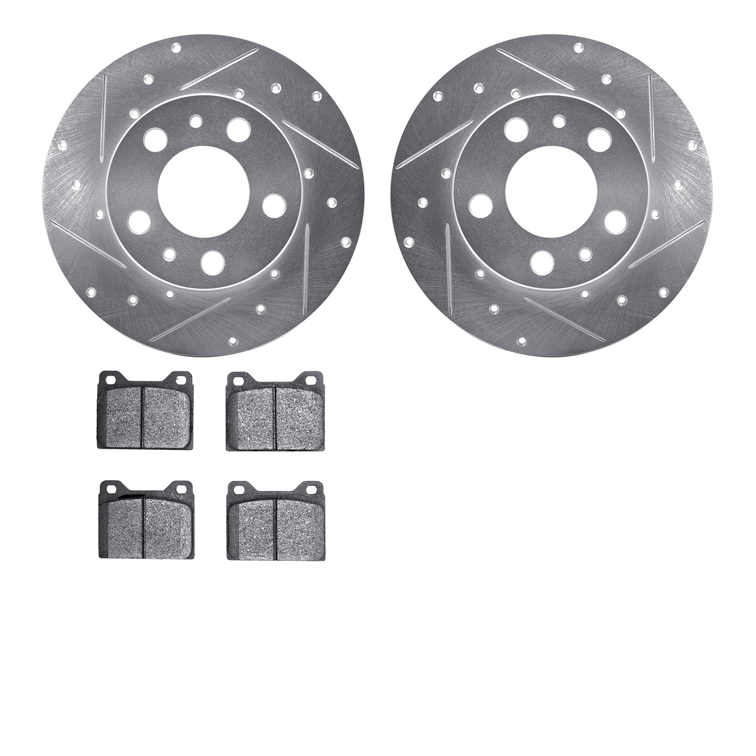 7502-27090 Drilled/Slotted Brake Rotors w/5000 Advanced Brake Pads Kit [Silver], 1975-1975 Volvo, Position: Front