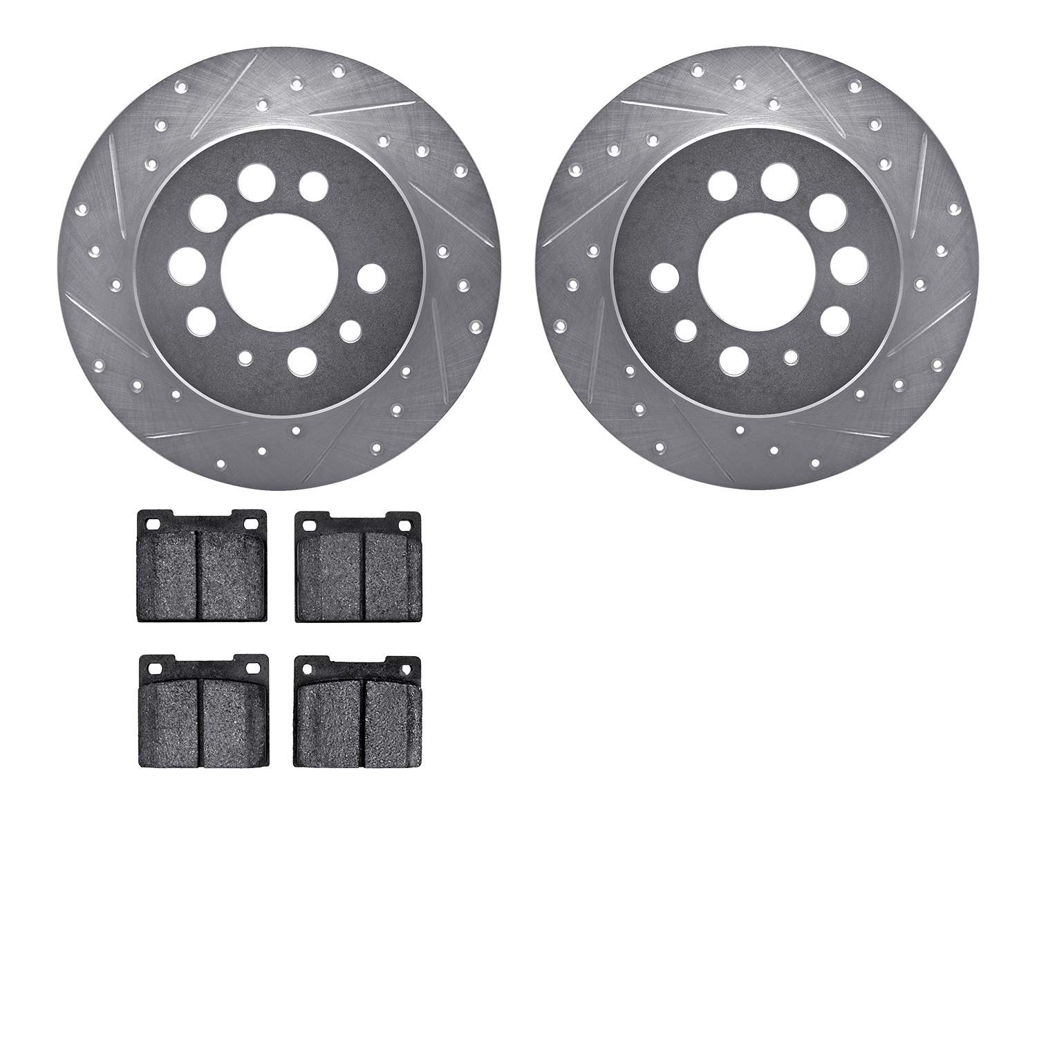 7502-27102 Drilled/Slotted Brake Rotors w/5000 Advanced Brake Pads Kit [Silver], 1975-1987 Volvo, Position: Rear