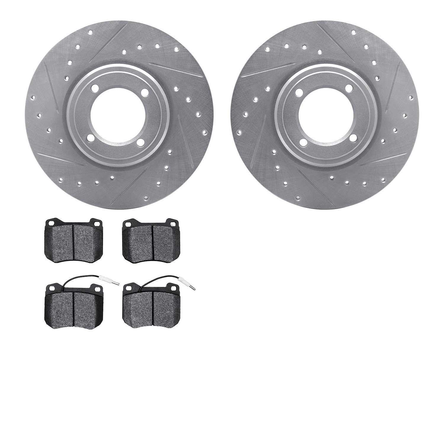 7502-28002 Drilled/Slotted Brake Rotors w/5000 Advanced Brake Pads Kit [Silver], 1980-1989 Peugeot, Position: Front
