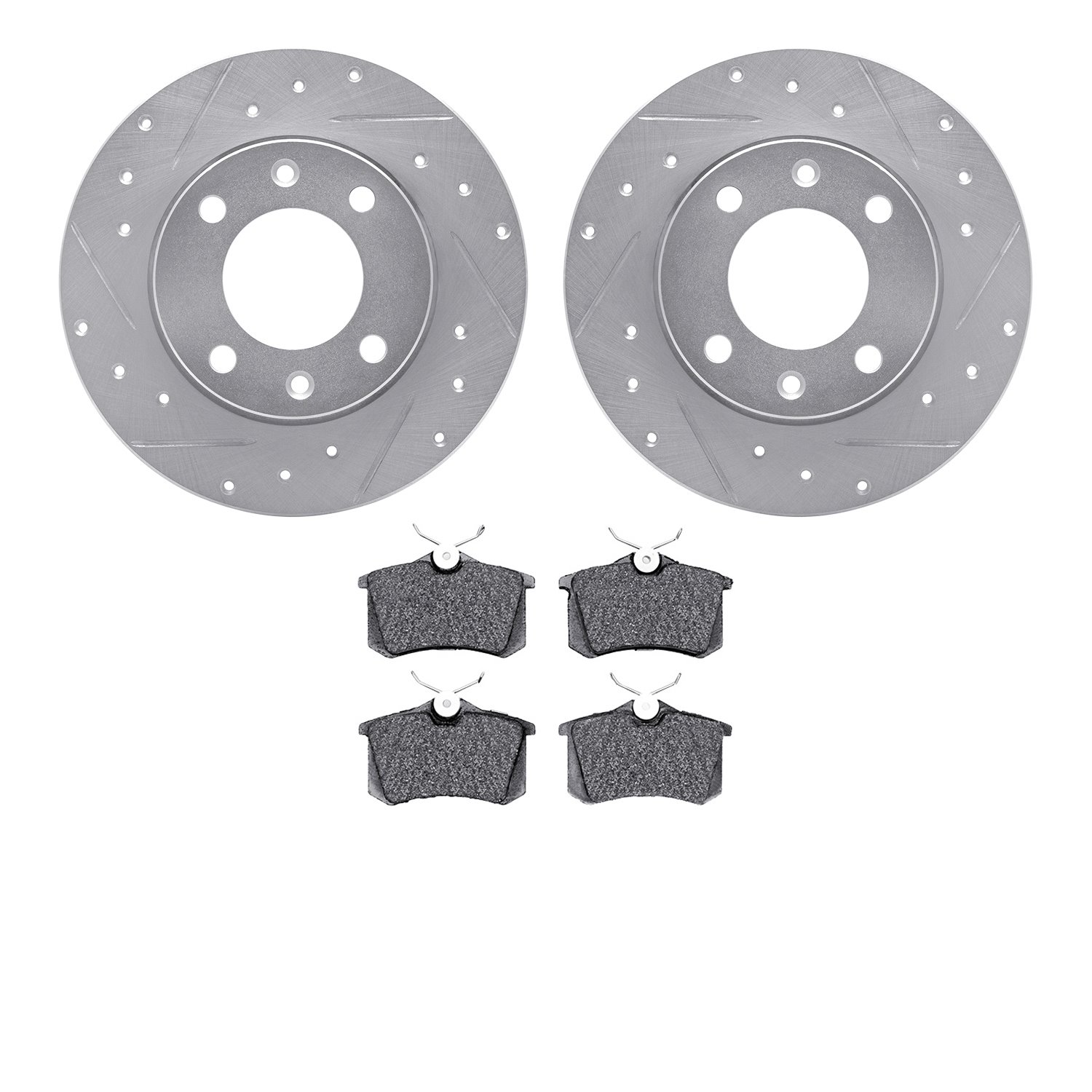7502-28004 Drilled/Slotted Brake Rotors w/5000 Advanced Brake Pads Kit [Silver], 1989-1991 Peugeot, Position: Rear