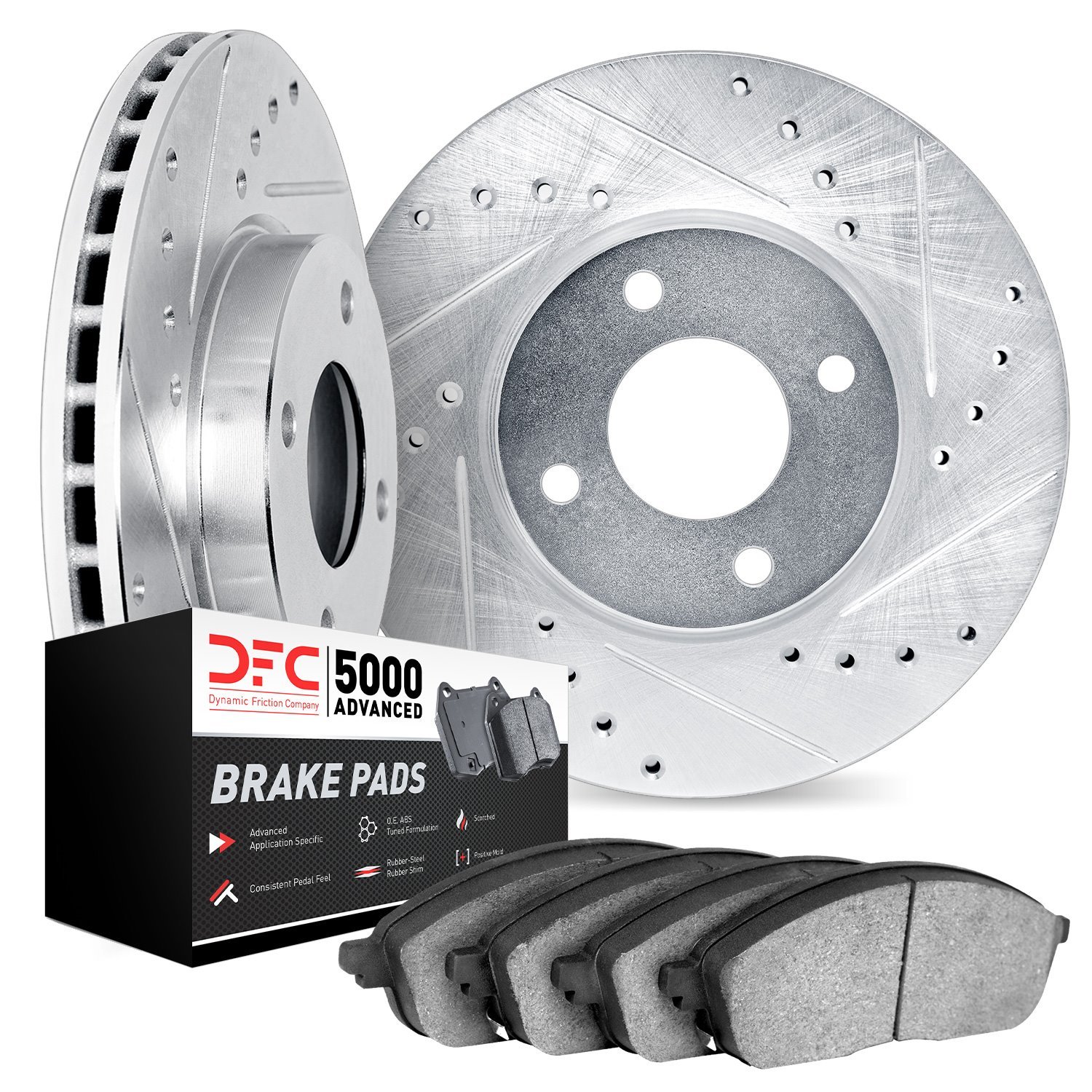 7502-28011 Drilled/Slotted Brake Rotors w/5000 Advanced Brake Pads Kit [Silver], 1977-1989 Peugeot, Position: Front