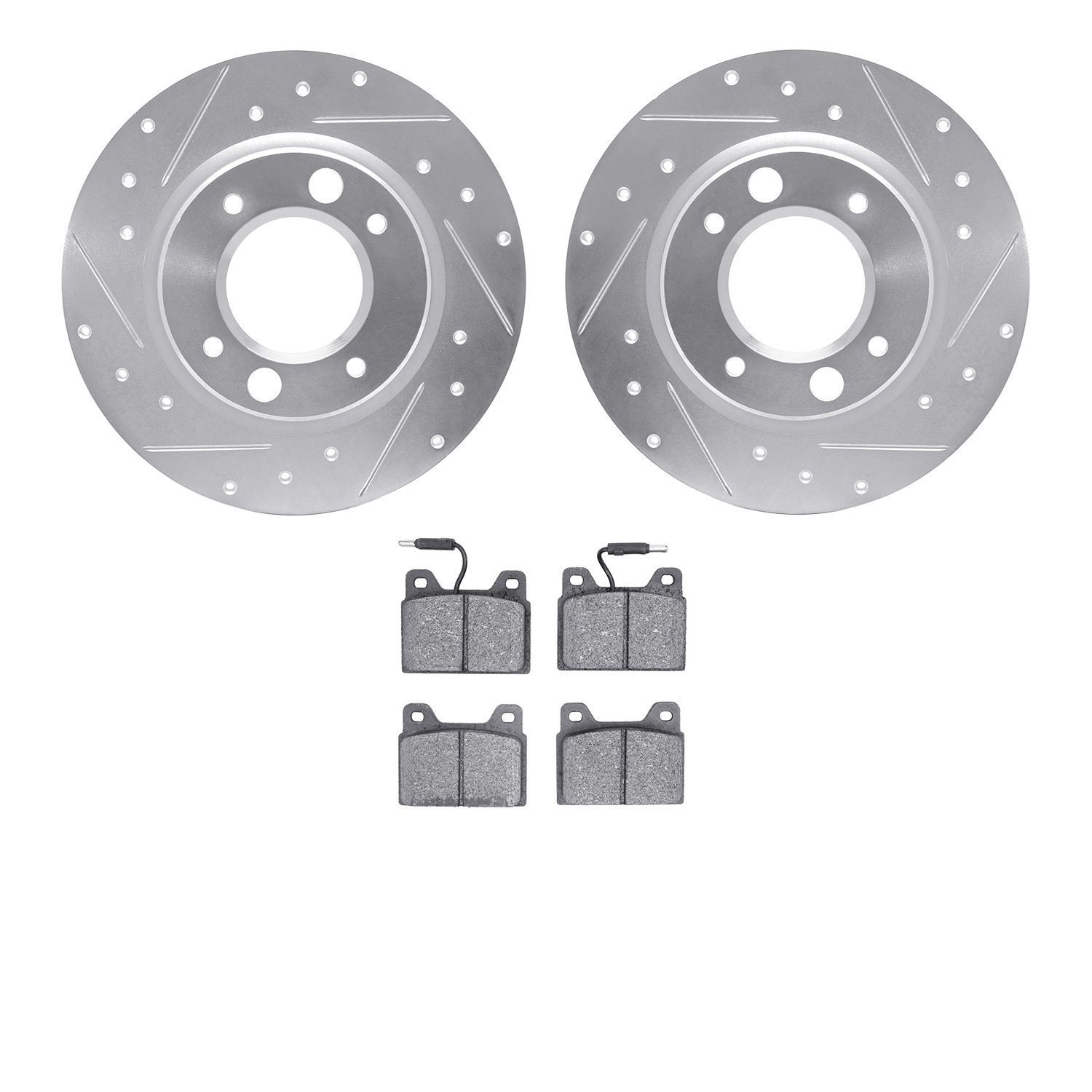 7502-28016 Drilled/Slotted Brake Rotors w/5000 Advanced Brake Pads Kit [Silver], 1971-1989 Peugeot, Position: Rear