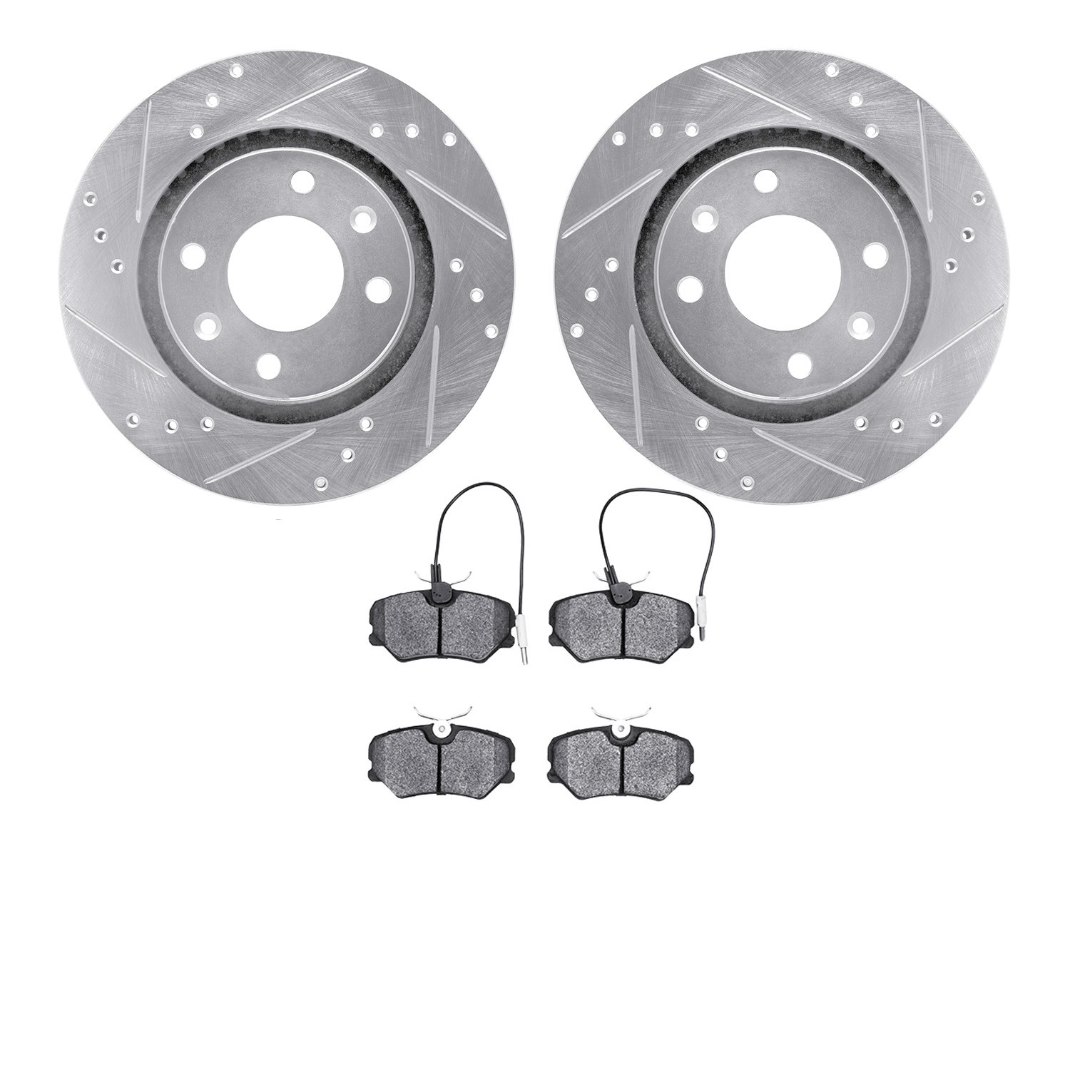 7502-28019 Drilled/Slotted Brake Rotors w/5000 Advanced Brake Pads Kit [Silver], 1989-1991 Peugeot, Position: Front