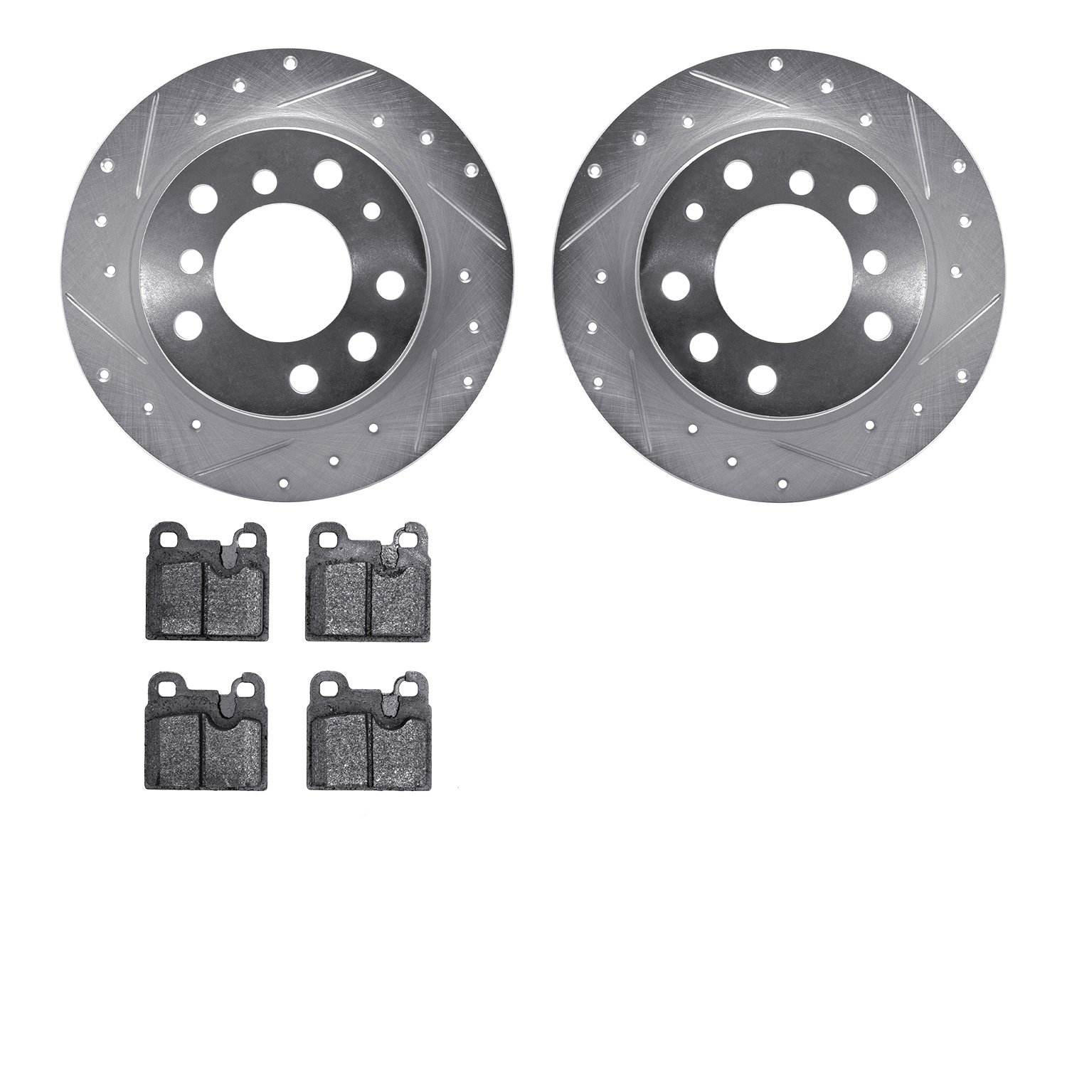 7502-31004 Drilled/Slotted Brake Rotors w/5000 Advanced Brake Pads Kit [Silver], 1979-1981 BMW, Position: Rear