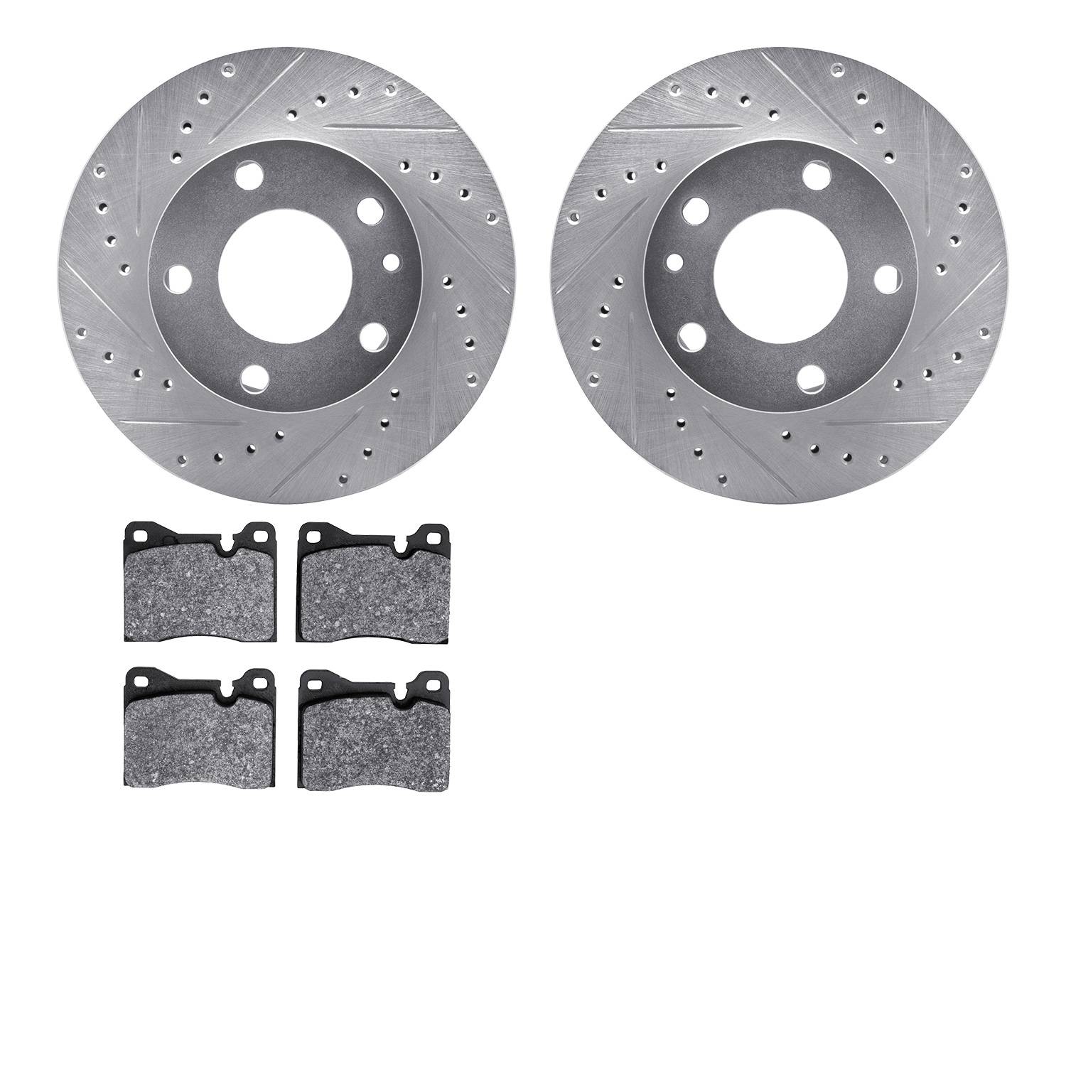 7502-31008 Drilled/Slotted Brake Rotors w/5000 Advanced Brake Pads Kit [Silver], 1976-1982 BMW, Position: Front
