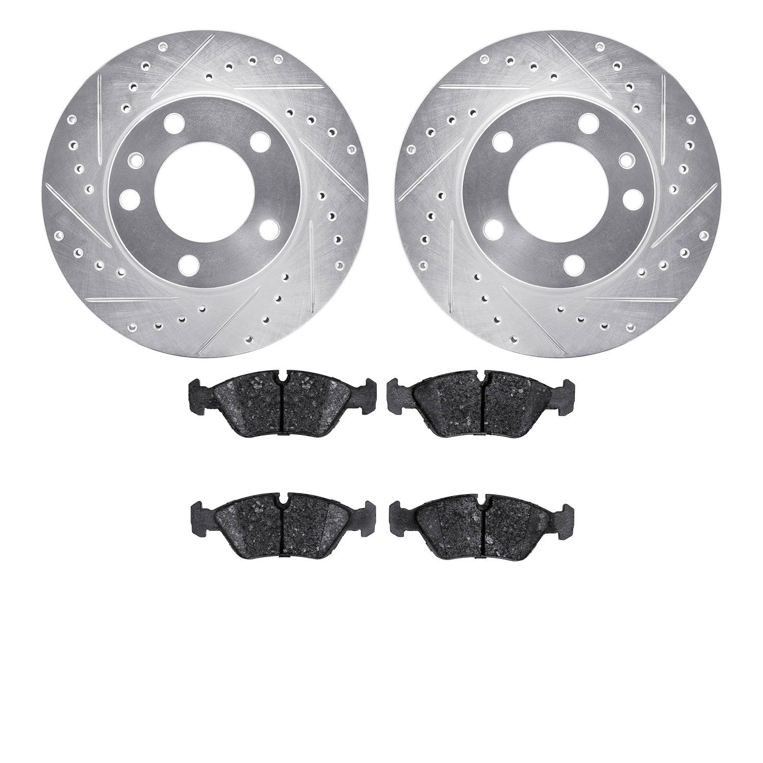 7502-31013 Drilled/Slotted Brake Rotors w/5000 Advanced Brake Pads Kit [Silver], 1982-1989 BMW, Position: Front