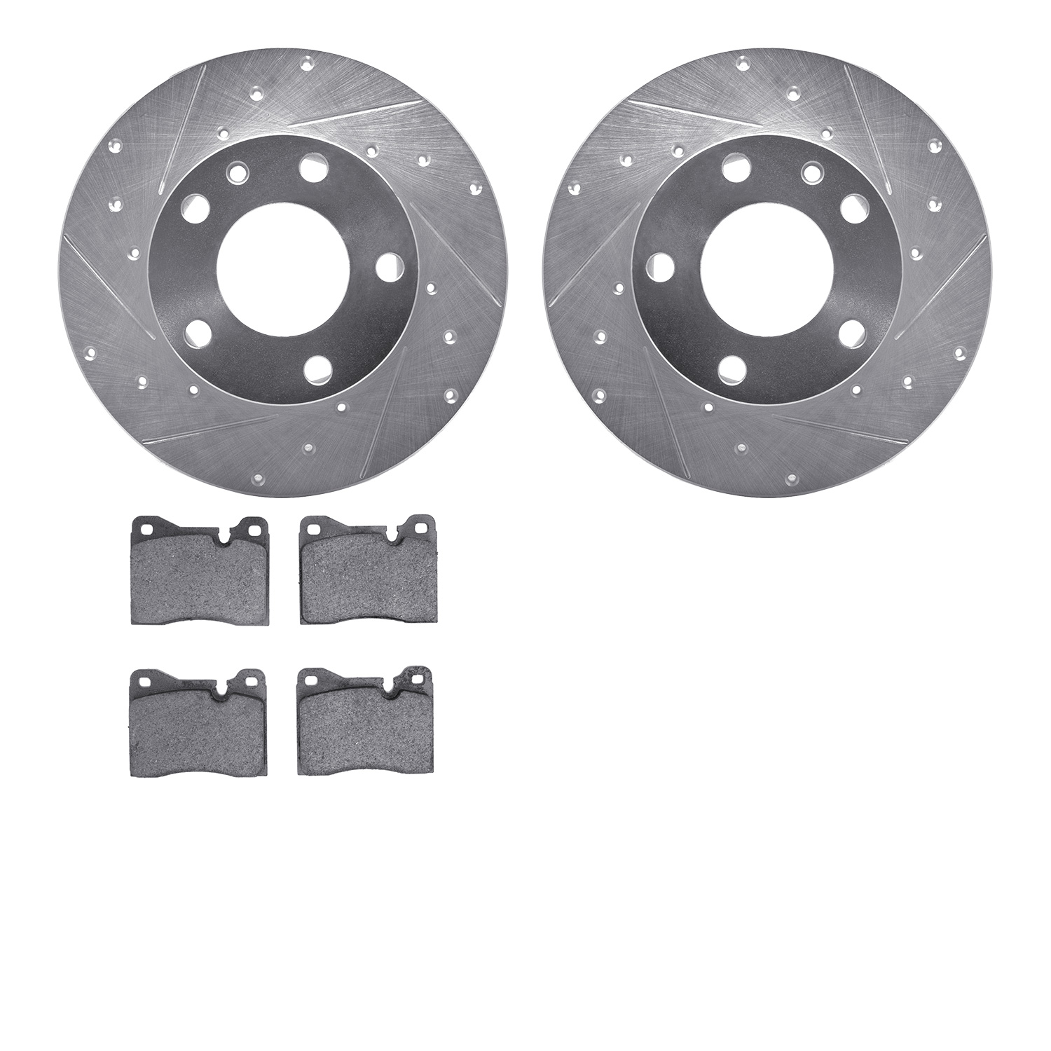 7502-31014 Drilled/Slotted Brake Rotors w/5000 Advanced Brake Pads Kit [Silver], 1976-1976 BMW, Position: Front