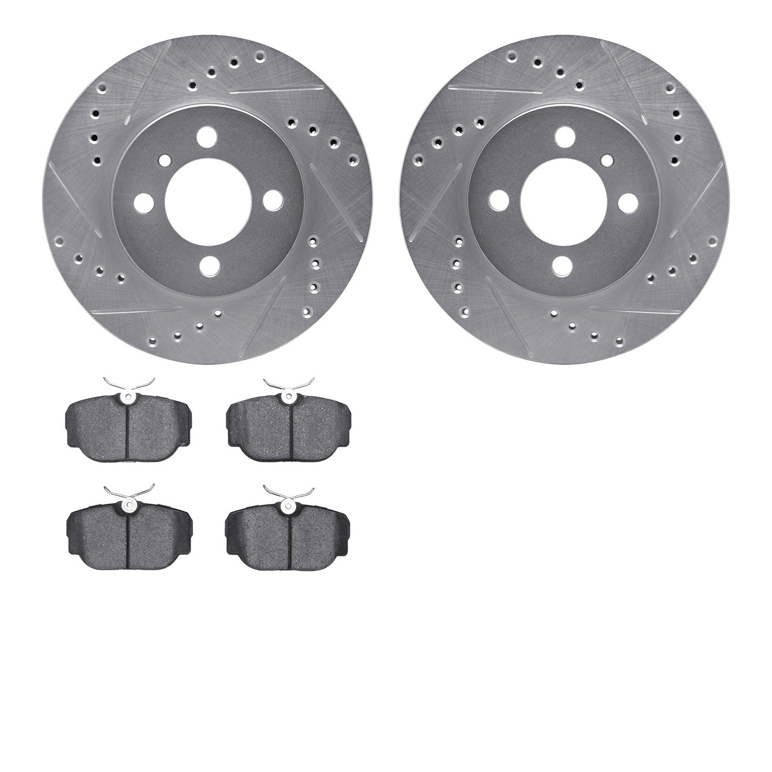 7502-31018 Drilled/Slotted Brake Rotors w/5000 Advanced Brake Pads Kit [Silver], 1984-1991 BMW, Position: Front