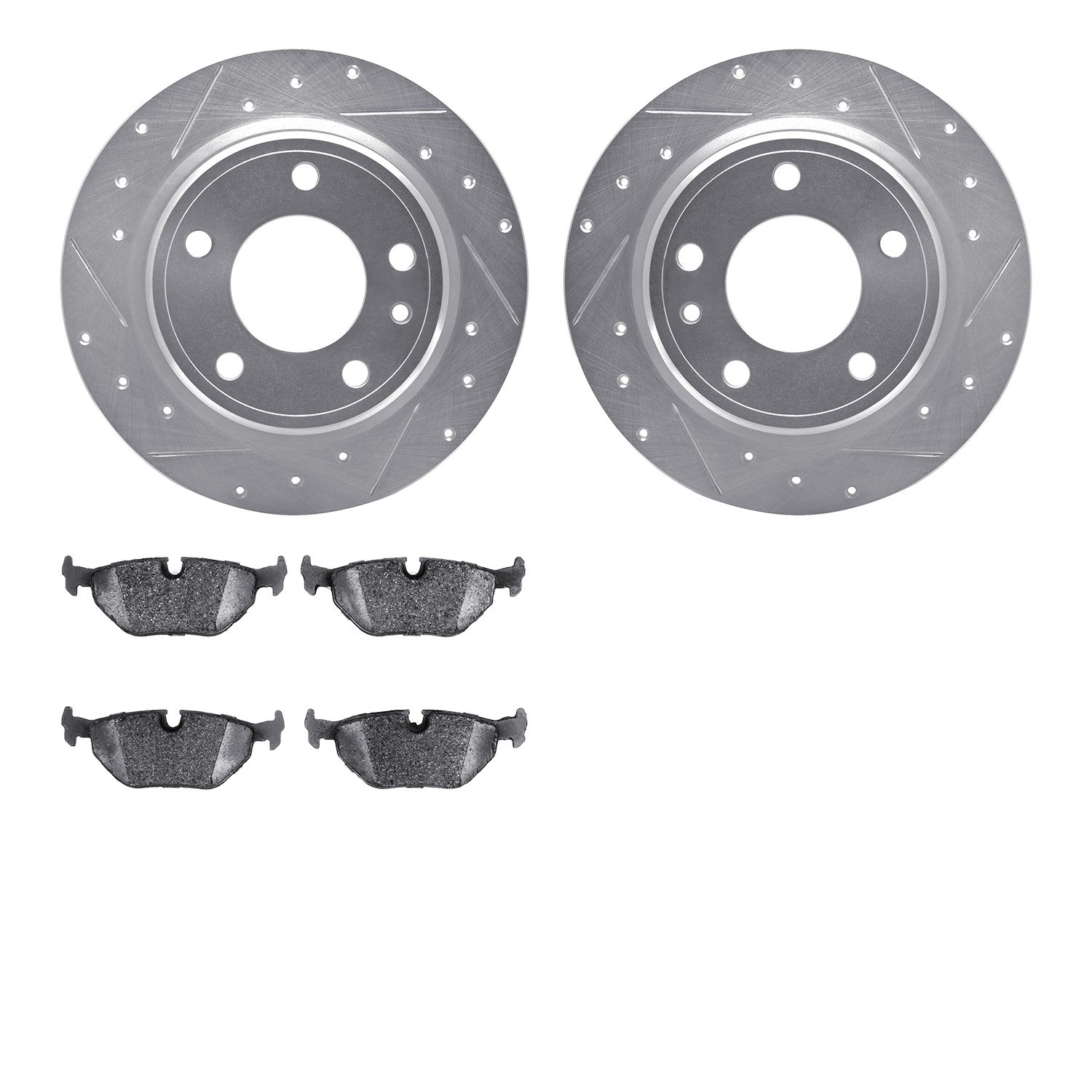 7502-31027 Drilled/Slotted Brake Rotors w/5000 Advanced Brake Pads Kit [Silver], 1988-1991 BMW, Position: Rear