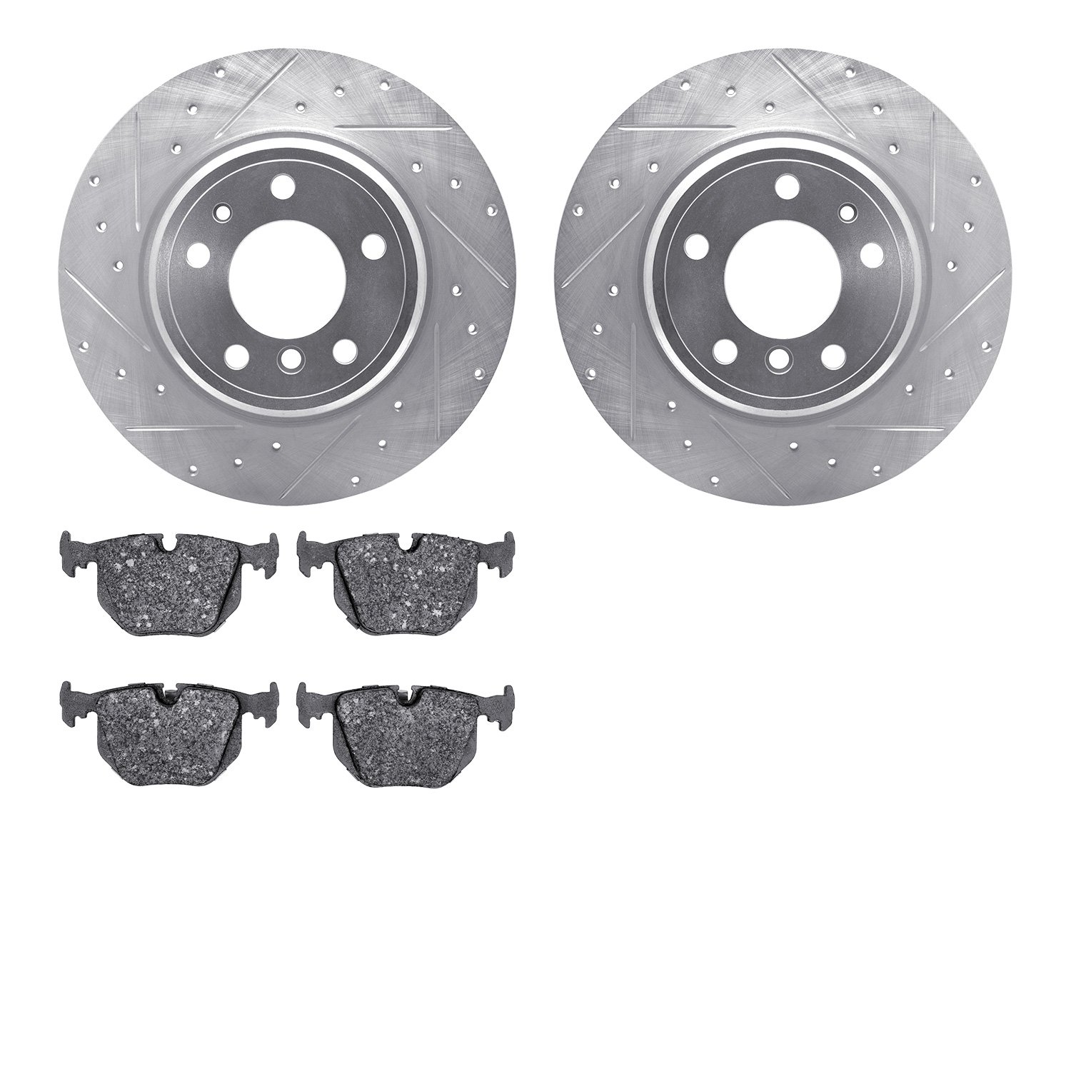 7502-31031 Drilled/Slotted Brake Rotors w/5000 Advanced Brake Pads Kit [Silver], 1991-2001 BMW, Position: Rear