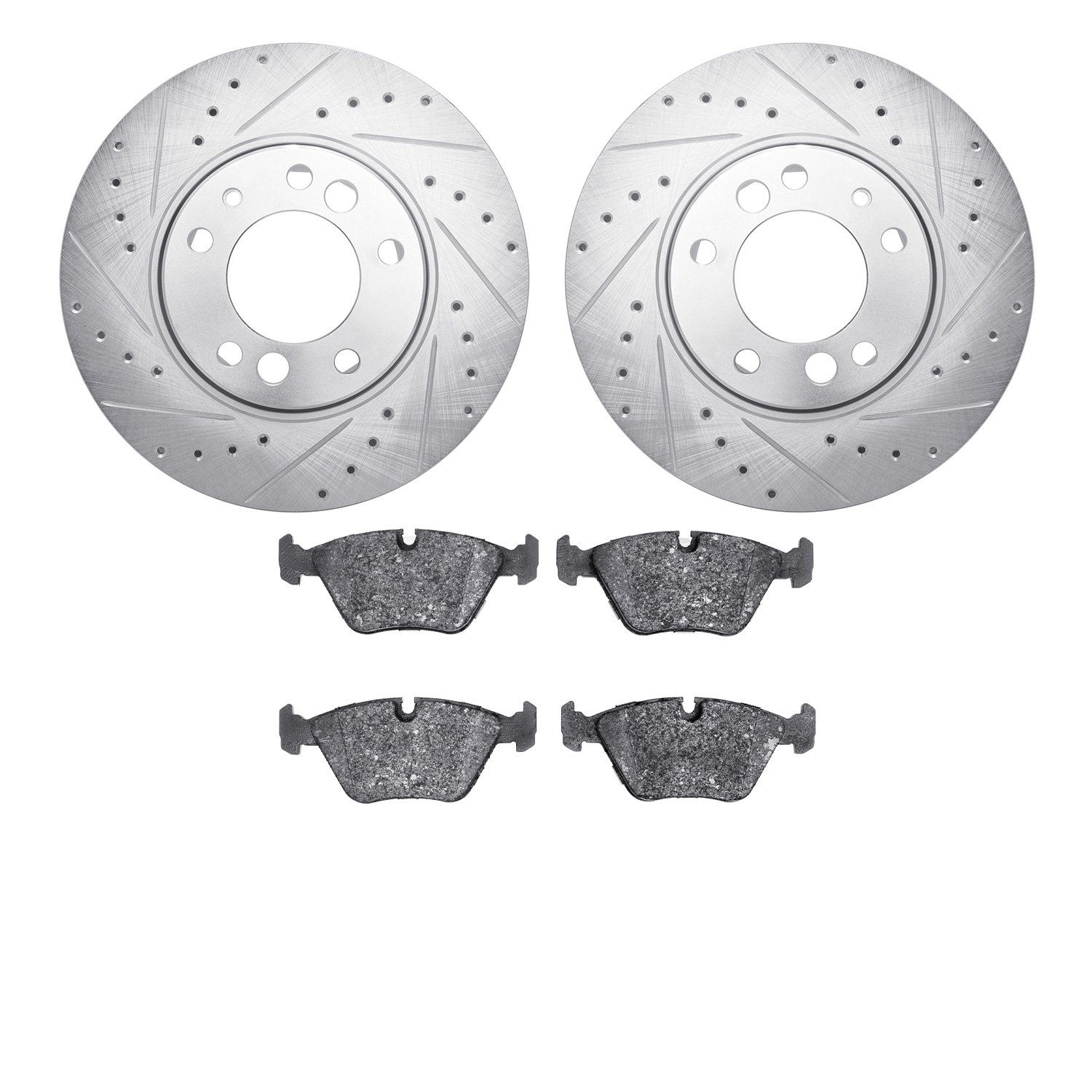 7502-31032 Drilled/Slotted Brake Rotors w/5000 Advanced Brake Pads Kit [Silver], 1991-1993 BMW, Position: Front