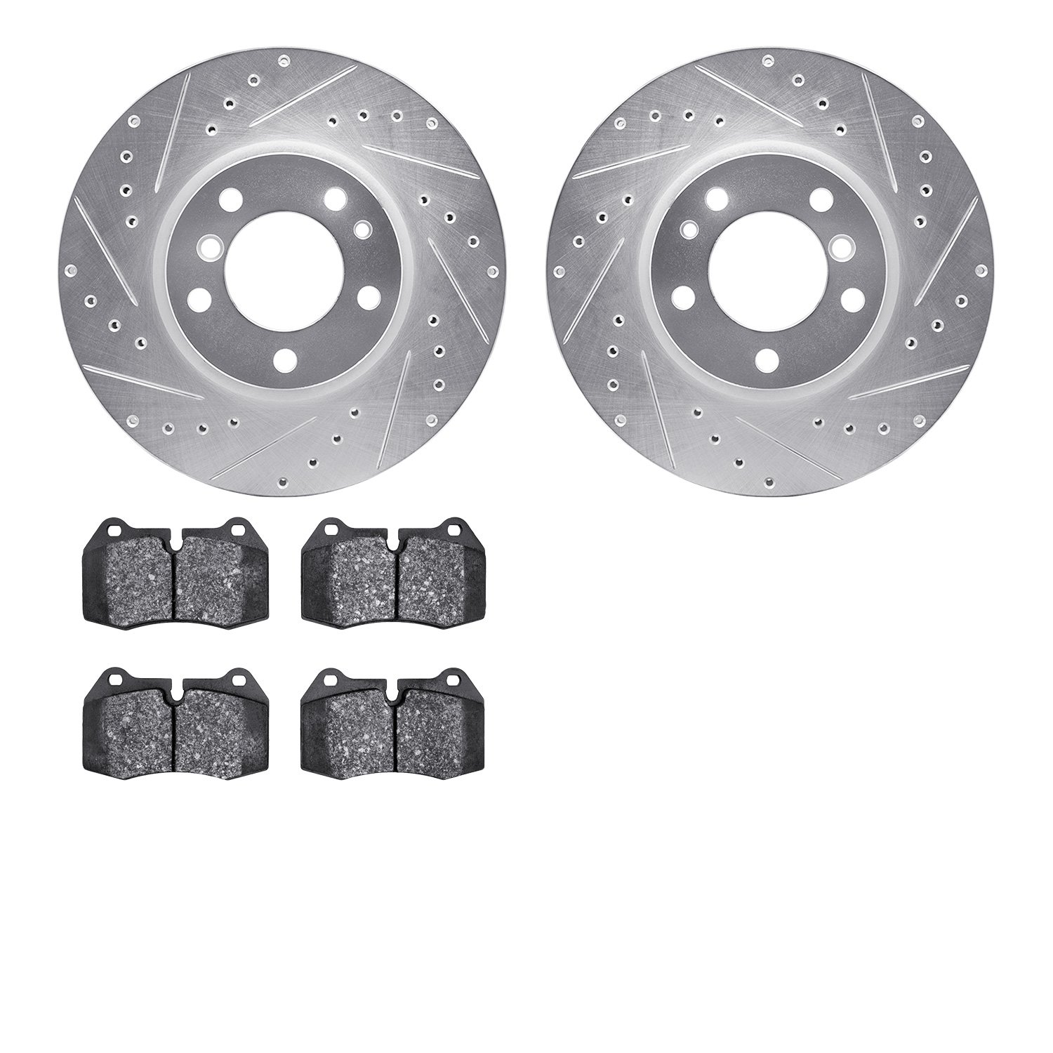 7502-31034 Drilled/Slotted Brake Rotors w/5000 Advanced Brake Pads Kit [Silver], 1993-1997 BMW, Position: Front