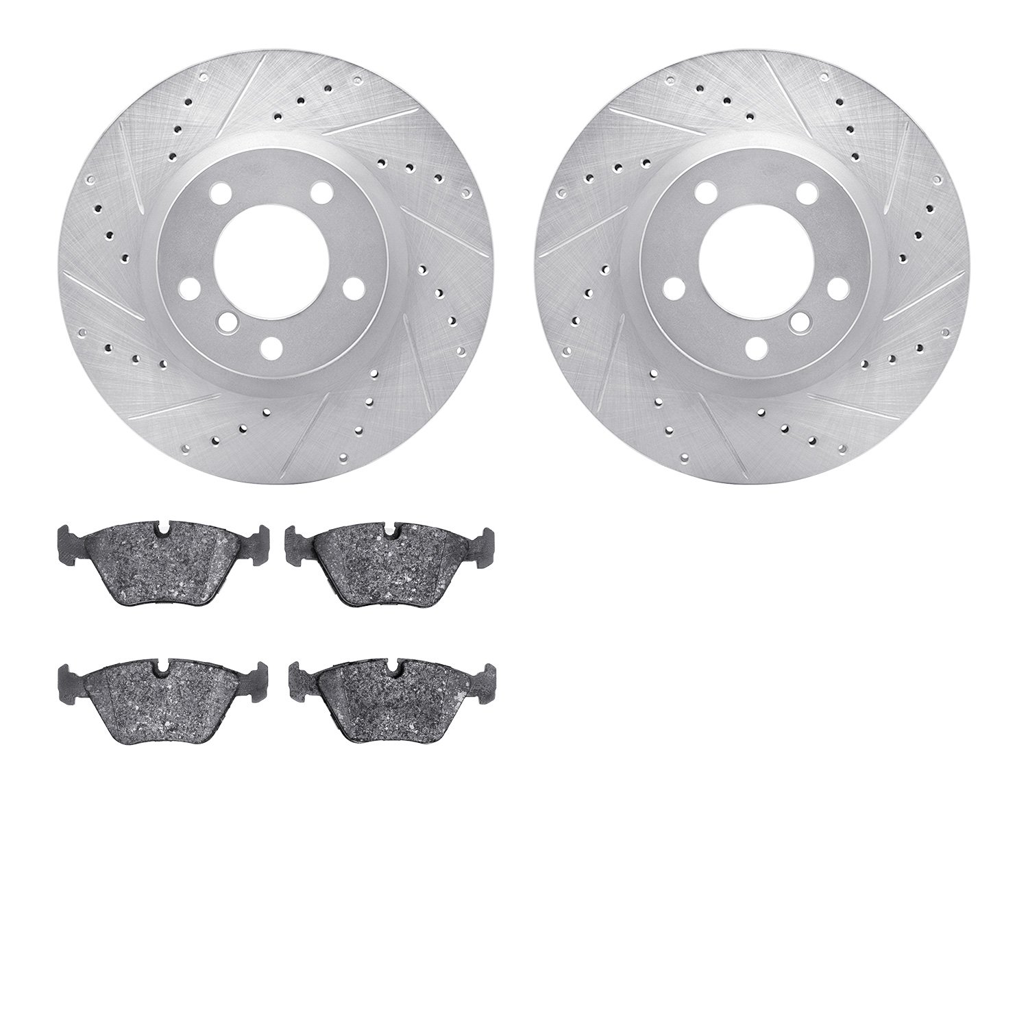 7502-31035 Drilled/Slotted Brake Rotors w/5000 Advanced Brake Pads Kit [Silver], 1995-2002 BMW, Position: Front