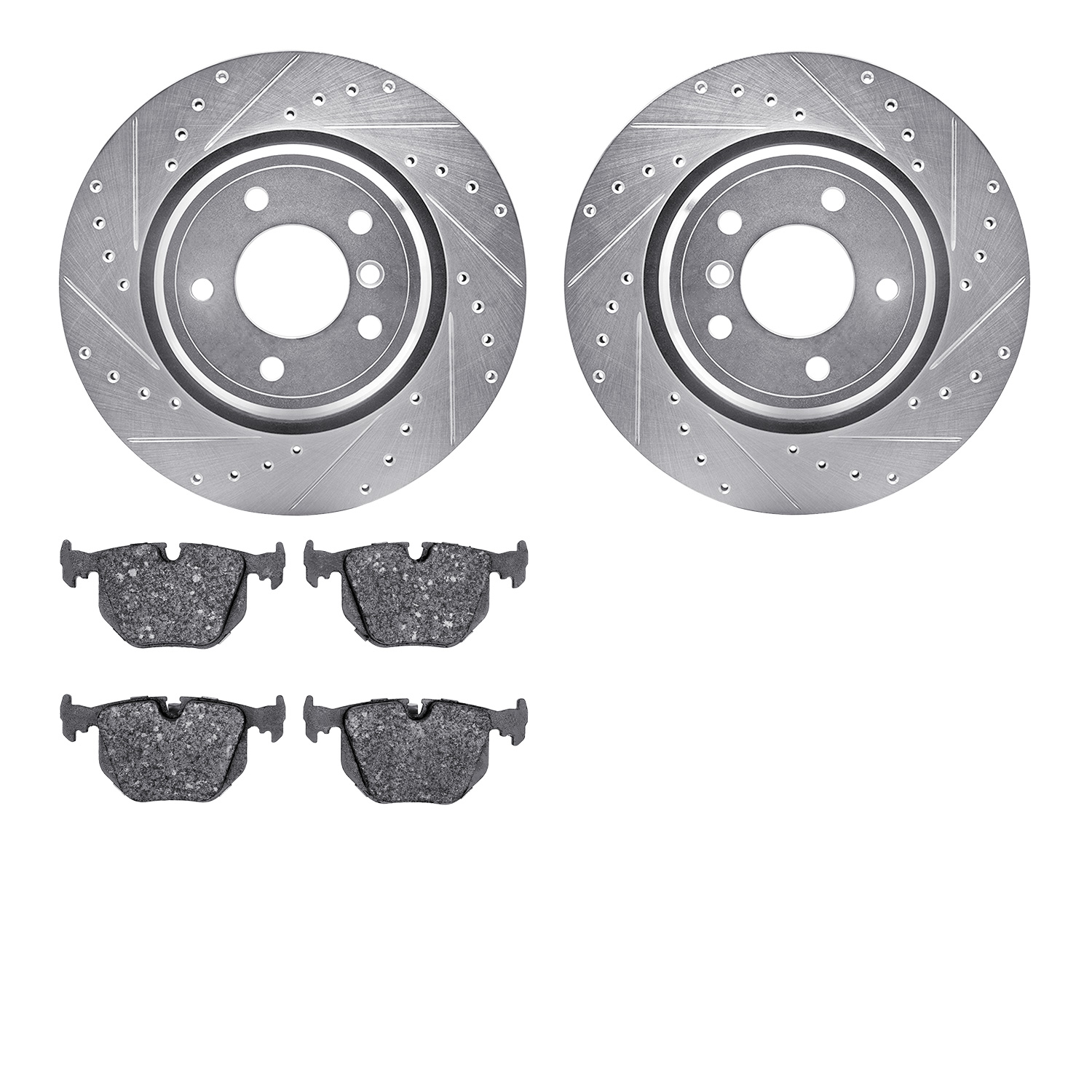 7502-31039 Drilled/Slotted Brake Rotors w/5000 Advanced Brake Pads Kit [Silver], 1995-2003 BMW, Position: Rear