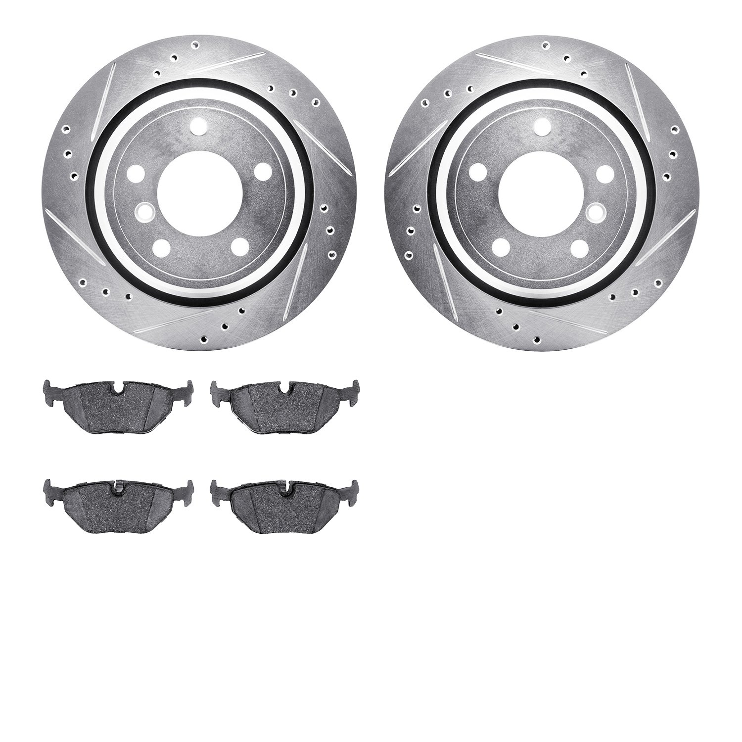 7502-31042 Drilled/Slotted Brake Rotors w/5000 Advanced Brake Pads Kit [Silver], 1996-2003 BMW, Position: Rear