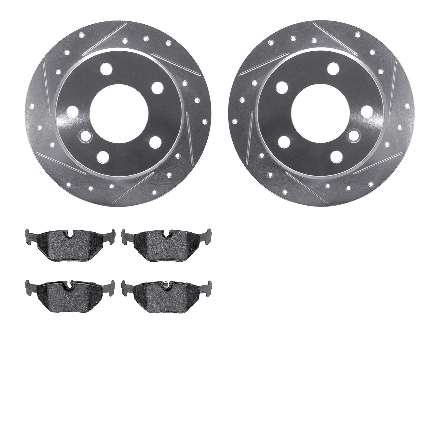 7502-31043 Drilled/Slotted Brake Rotors w/5000 Advanced Brake Pads Kit [Silver], 1996-2000 BMW, Position: Rear