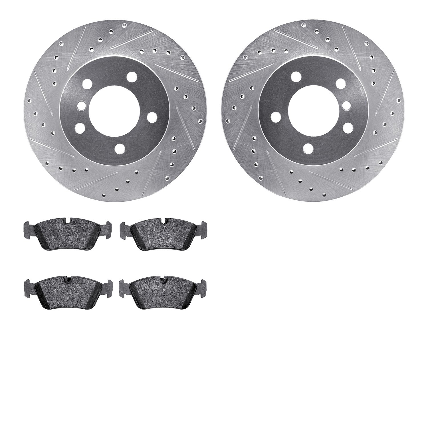 7502-31044 Drilled/Slotted Brake Rotors w/5000 Advanced Brake Pads Kit [Silver], 1999-2008 BMW, Position: Front
