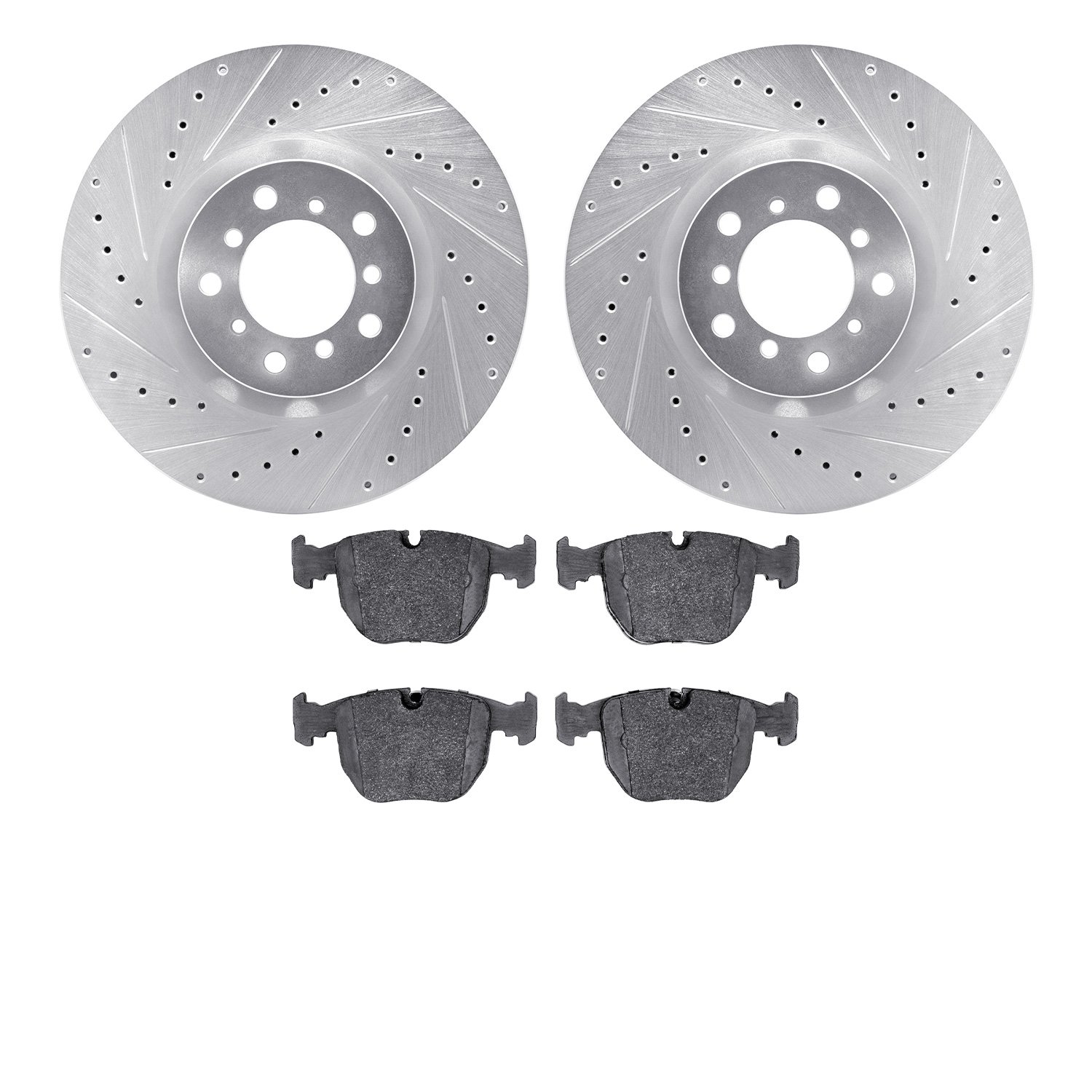 7502-31053 Drilled/Slotted Brake Rotors w/5000 Advanced Brake Pads Kit [Silver], 2000-2003 BMW, Position: Front