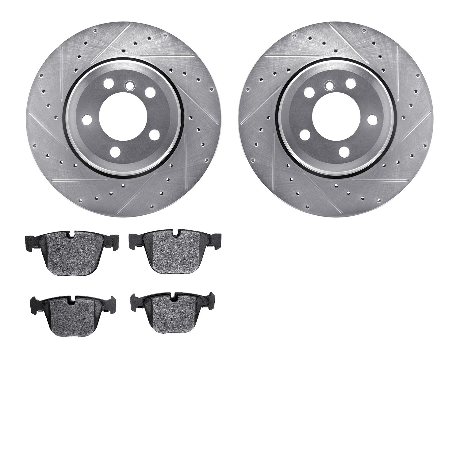 7502-31055 Drilled/Slotted Brake Rotors w/5000 Advanced Brake Pads Kit [Silver], 2002-2005 BMW, Position: Rear