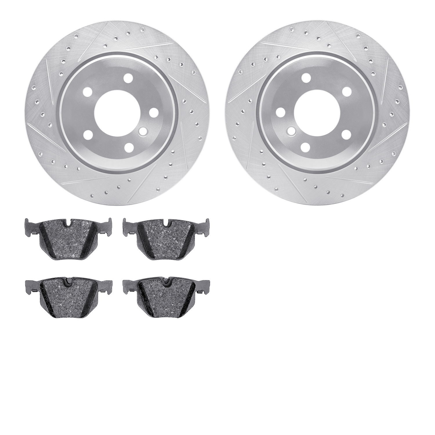 7502-31063 Drilled/Slotted Brake Rotors w/5000 Advanced Brake Pads Kit [Silver], 2004-2010 BMW, Position: Rear