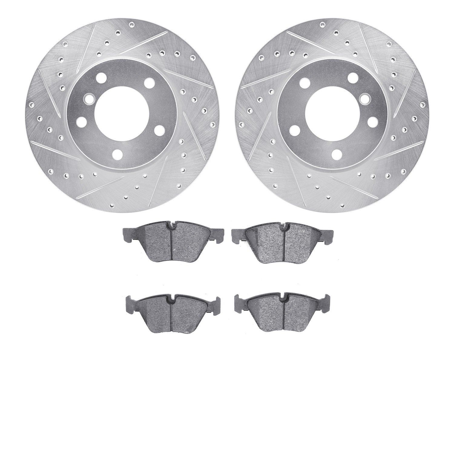 7502-31065 Drilled/Slotted Brake Rotors w/5000 Advanced Brake Pads Kit [Silver], 2006-2007 BMW, Position: Front