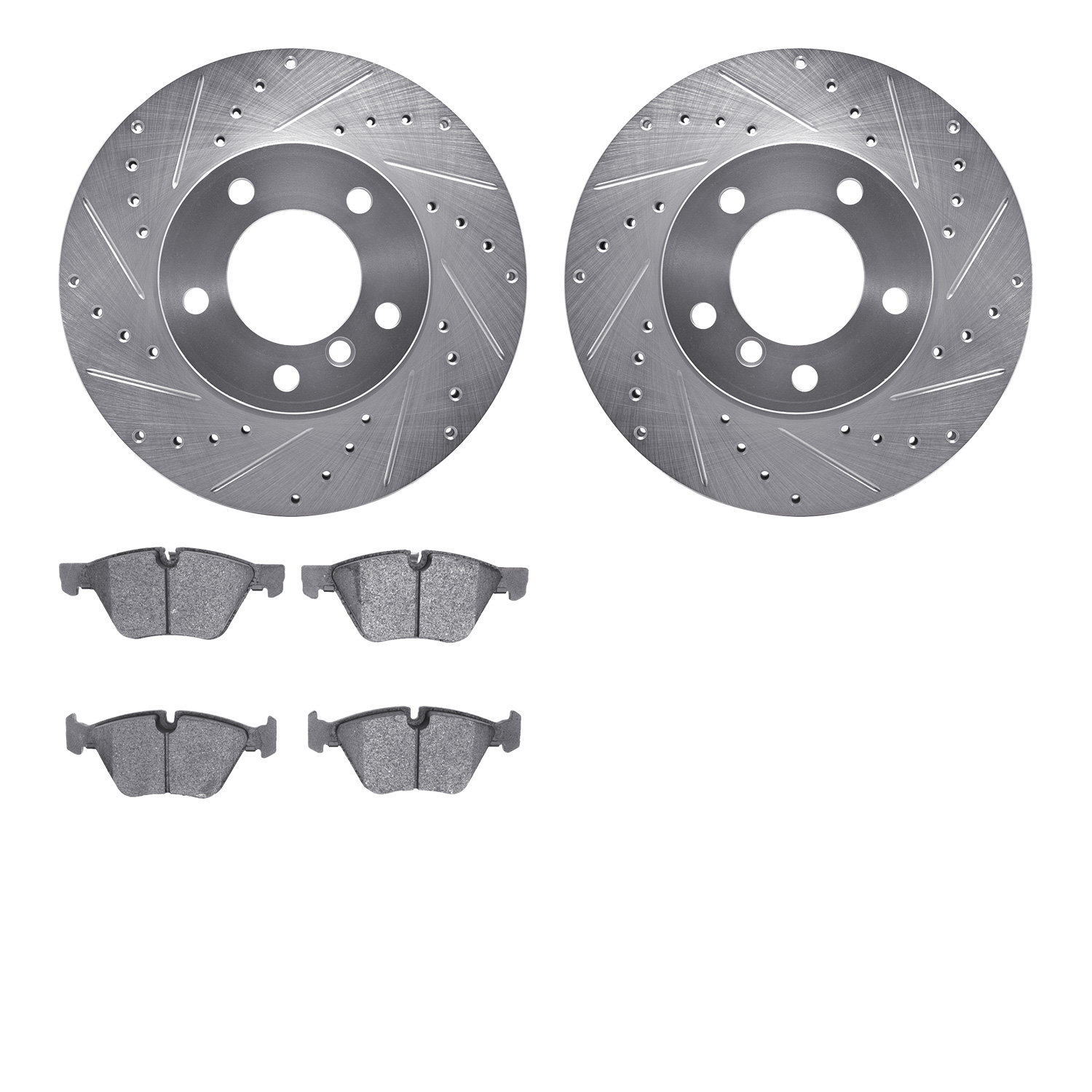7502-31066 Drilled/Slotted Brake Rotors w/5000 Advanced Brake Pads Kit [Silver], 2007-2012 BMW, Position: Front