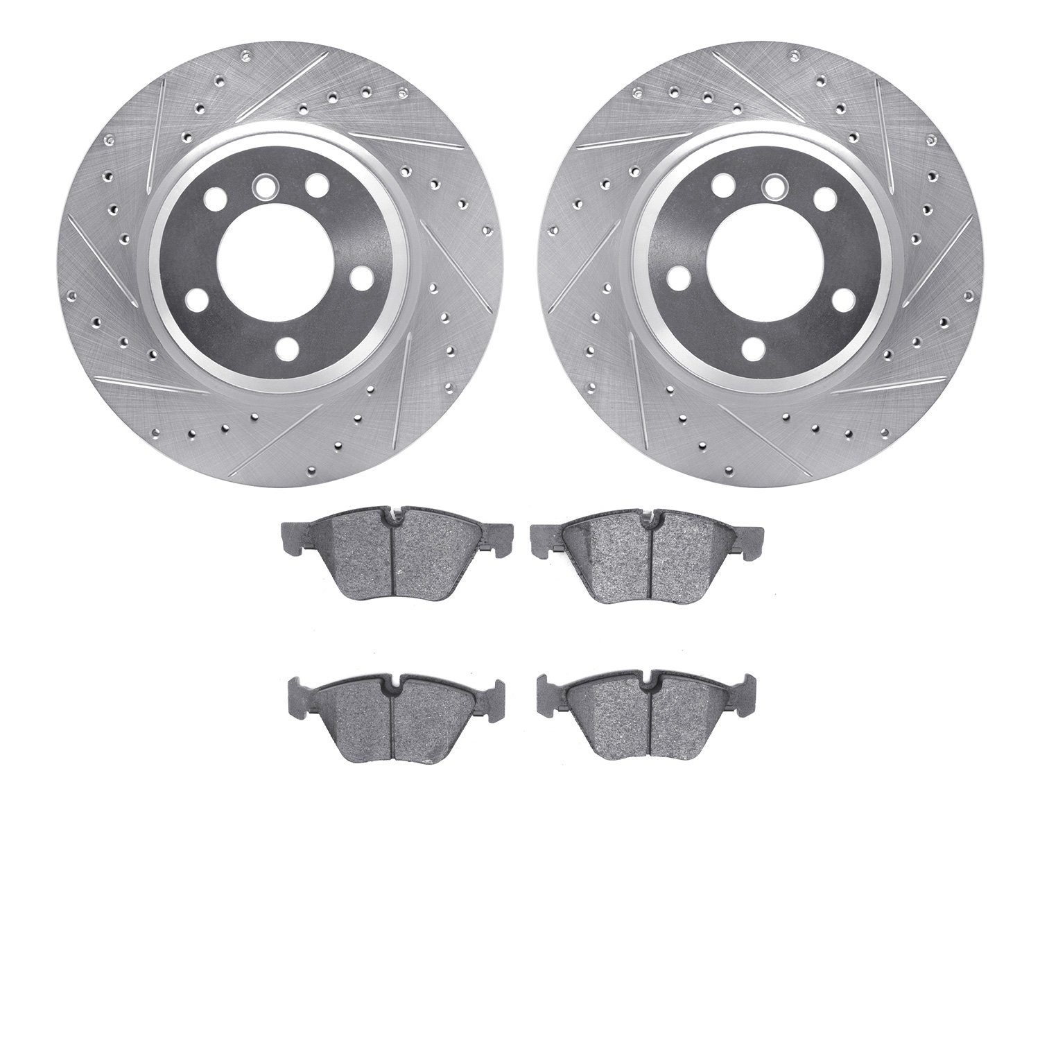 7502-31069 Drilled/Slotted Brake Rotors w/5000 Advanced Brake Pads Kit [Silver], 2011-2012 BMW, Position: Front