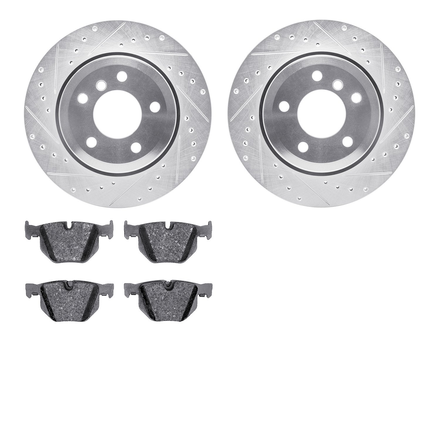 7502-31070 Drilled/Slotted Brake Rotors w/5000 Advanced Brake Pads Kit [Silver], 2006-2010 BMW, Position: Rear