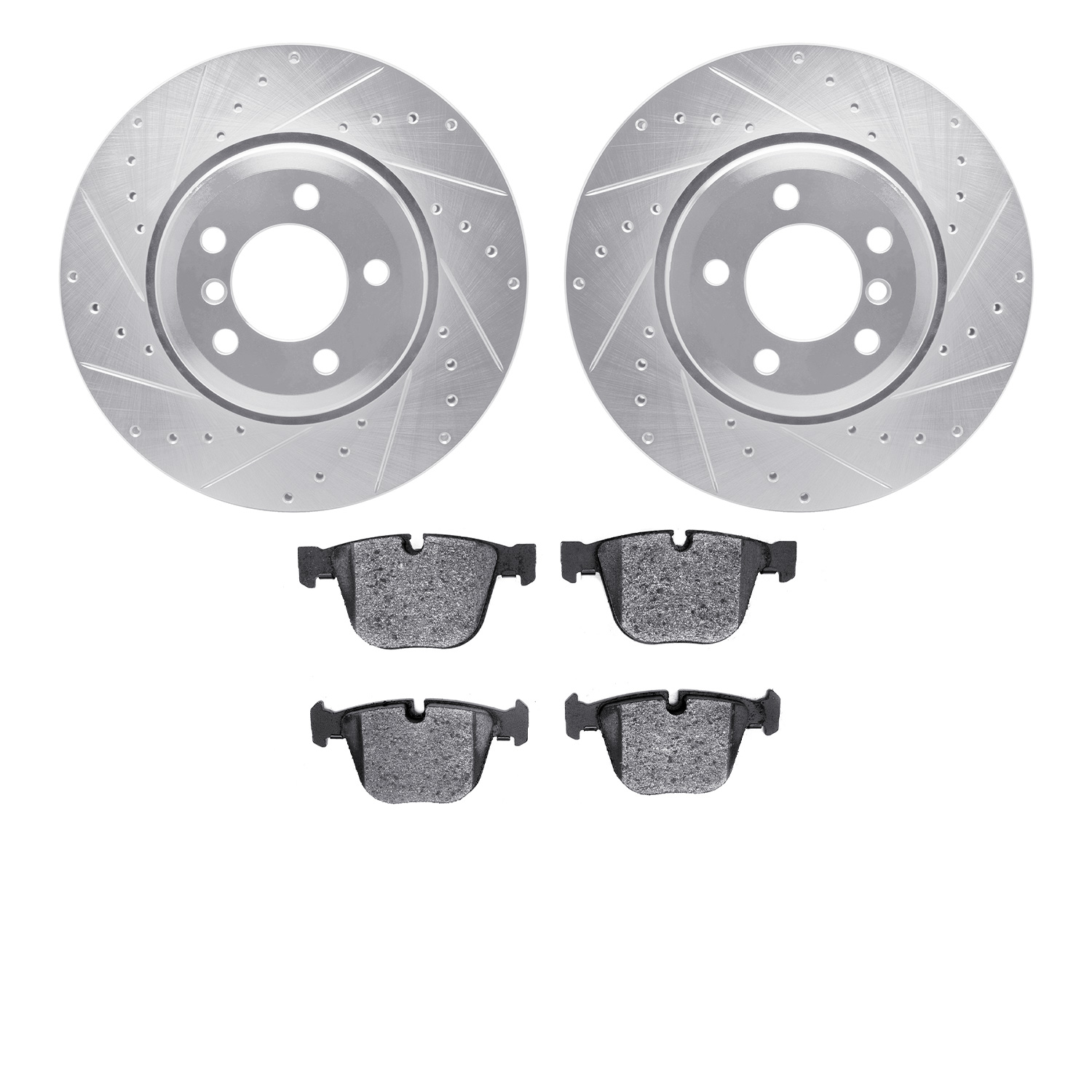 7502-31071 Drilled/Slotted Brake Rotors w/5000 Advanced Brake Pads Kit [Silver], 2005-2008 BMW, Position: Rear