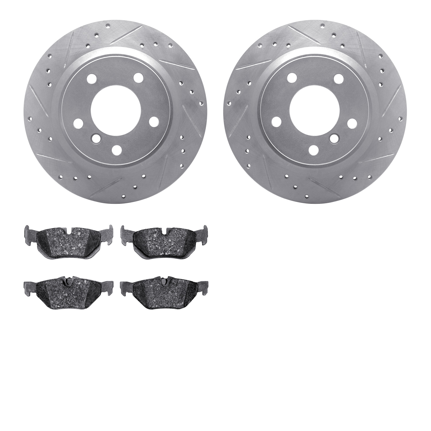 7502-31078 Drilled/Slotted Brake Rotors w/5000 Advanced Brake Pads Kit [Silver], 2008-2013 BMW, Position: Rear