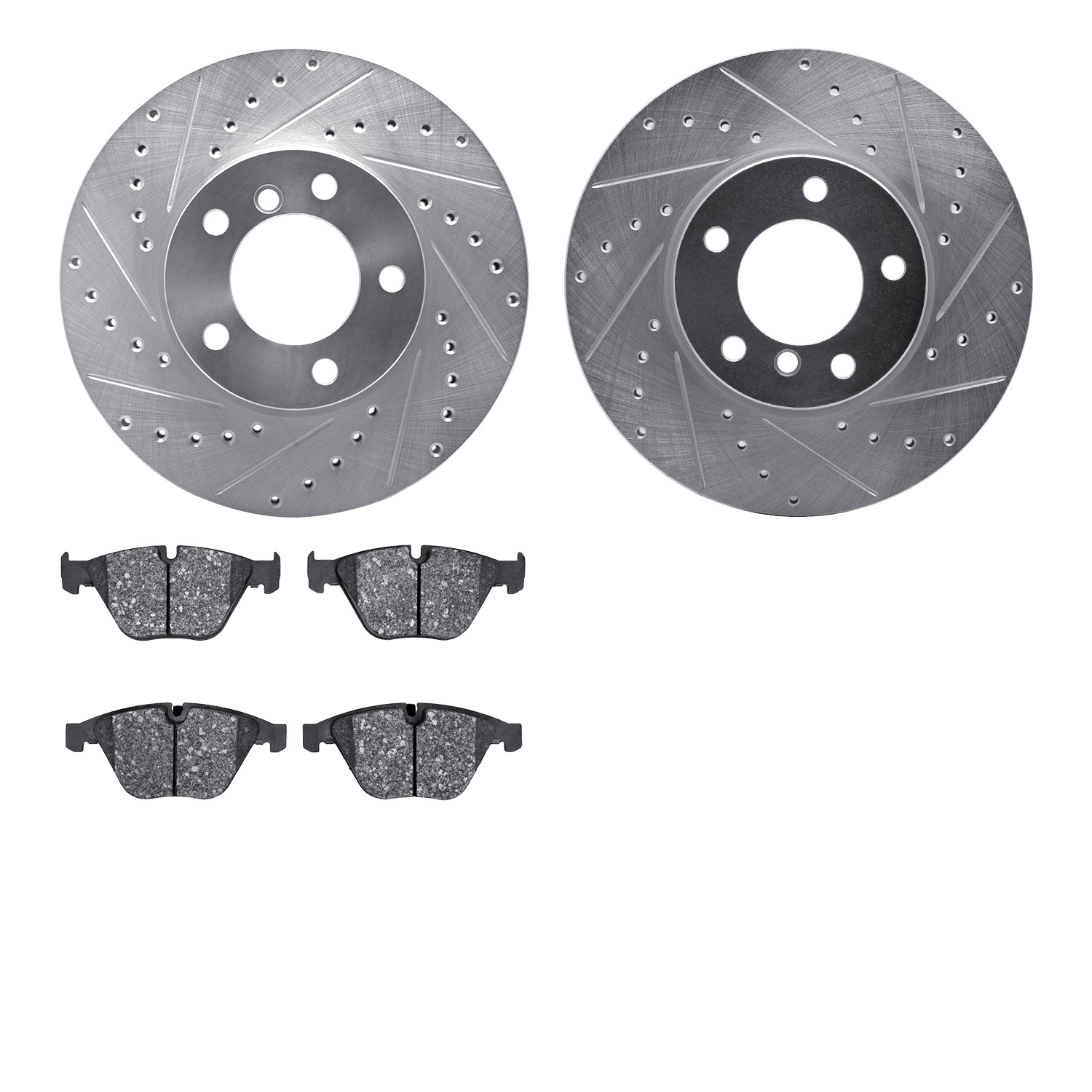 7502-31079 Drilled/Slotted Brake Rotors w/5000 Advanced Brake Pads Kit [Silver], 2008-2015 BMW, Position: Front