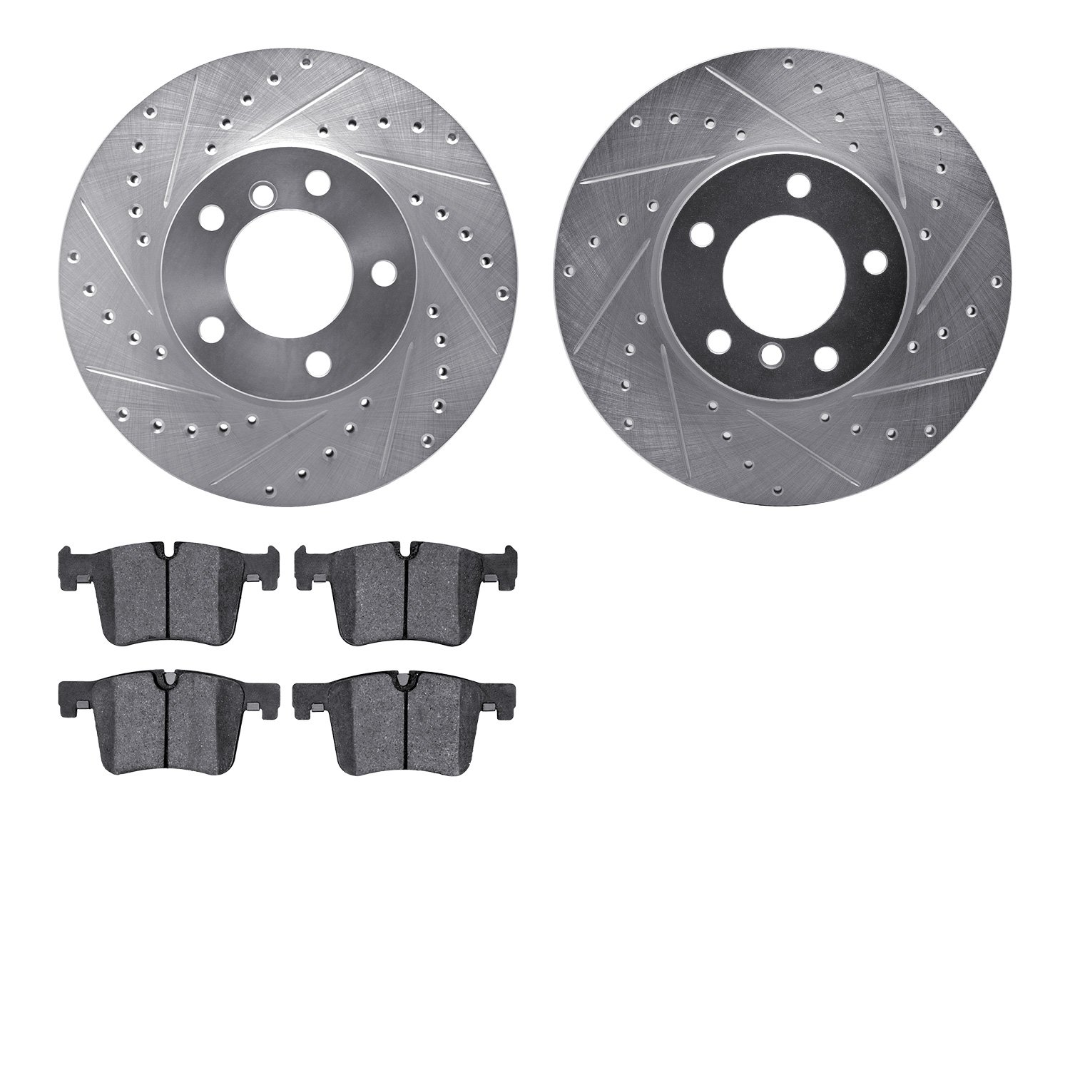 7502-31081 Drilled/Slotted Brake Rotors w/5000 Advanced Brake Pads Kit [Silver], 2012-2021 BMW, Position: Front