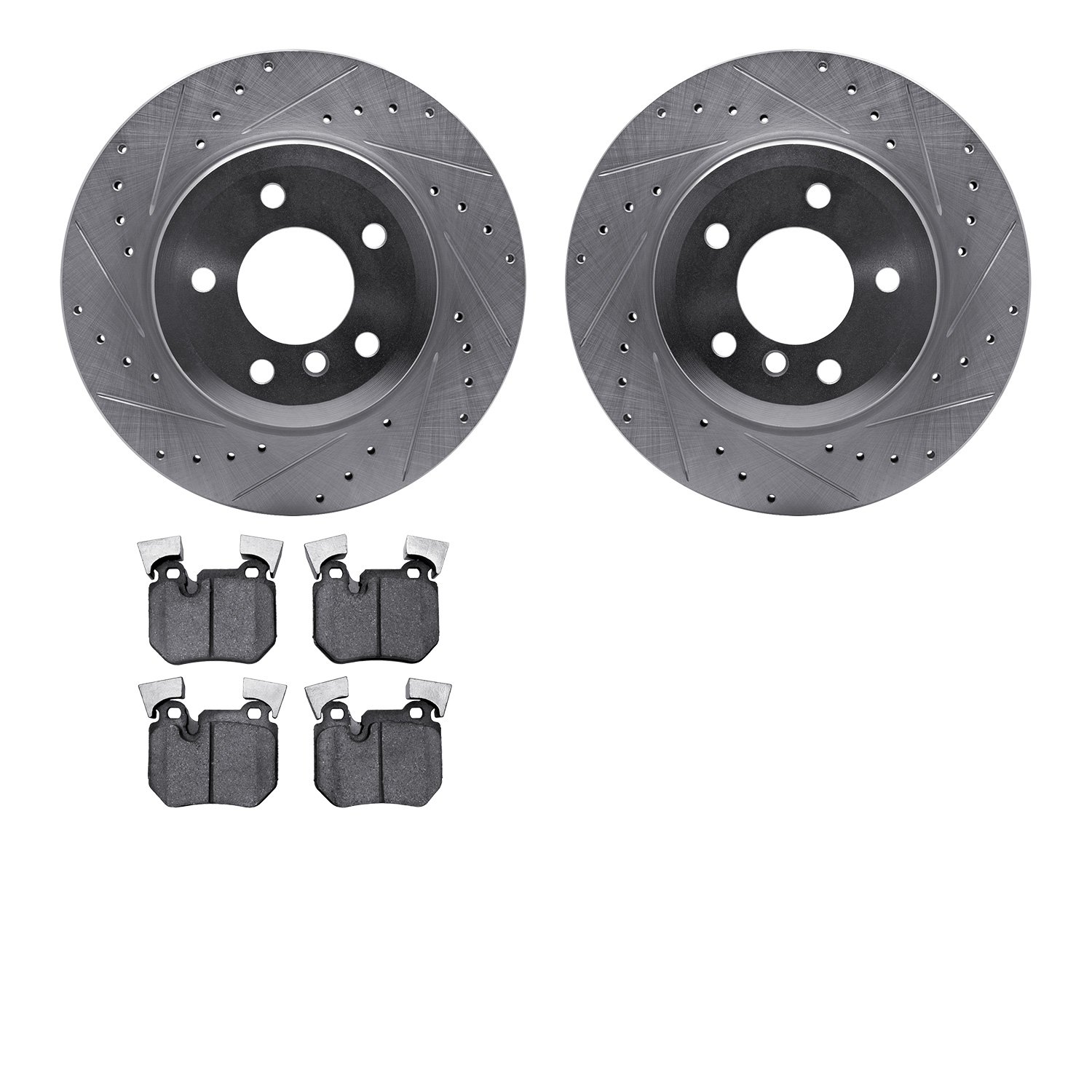 7502-31082 Drilled/Slotted Brake Rotors w/5000 Advanced Brake Pads Kit [Silver], 2008-2013 BMW, Position: Rear