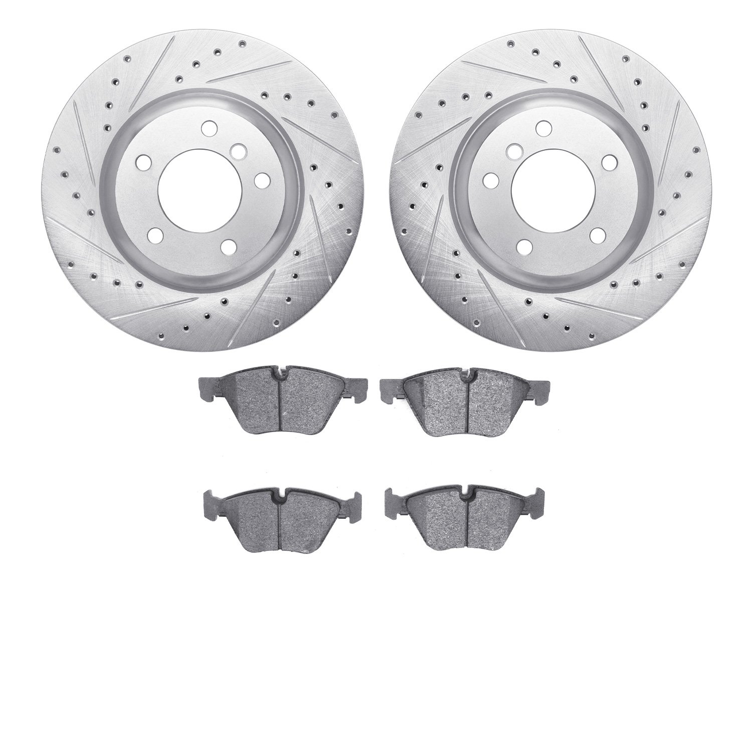 7502-31086 Drilled/Slotted Brake Rotors w/5000 Advanced Brake Pads Kit [Silver], 2009-2010 BMW, Position: Front