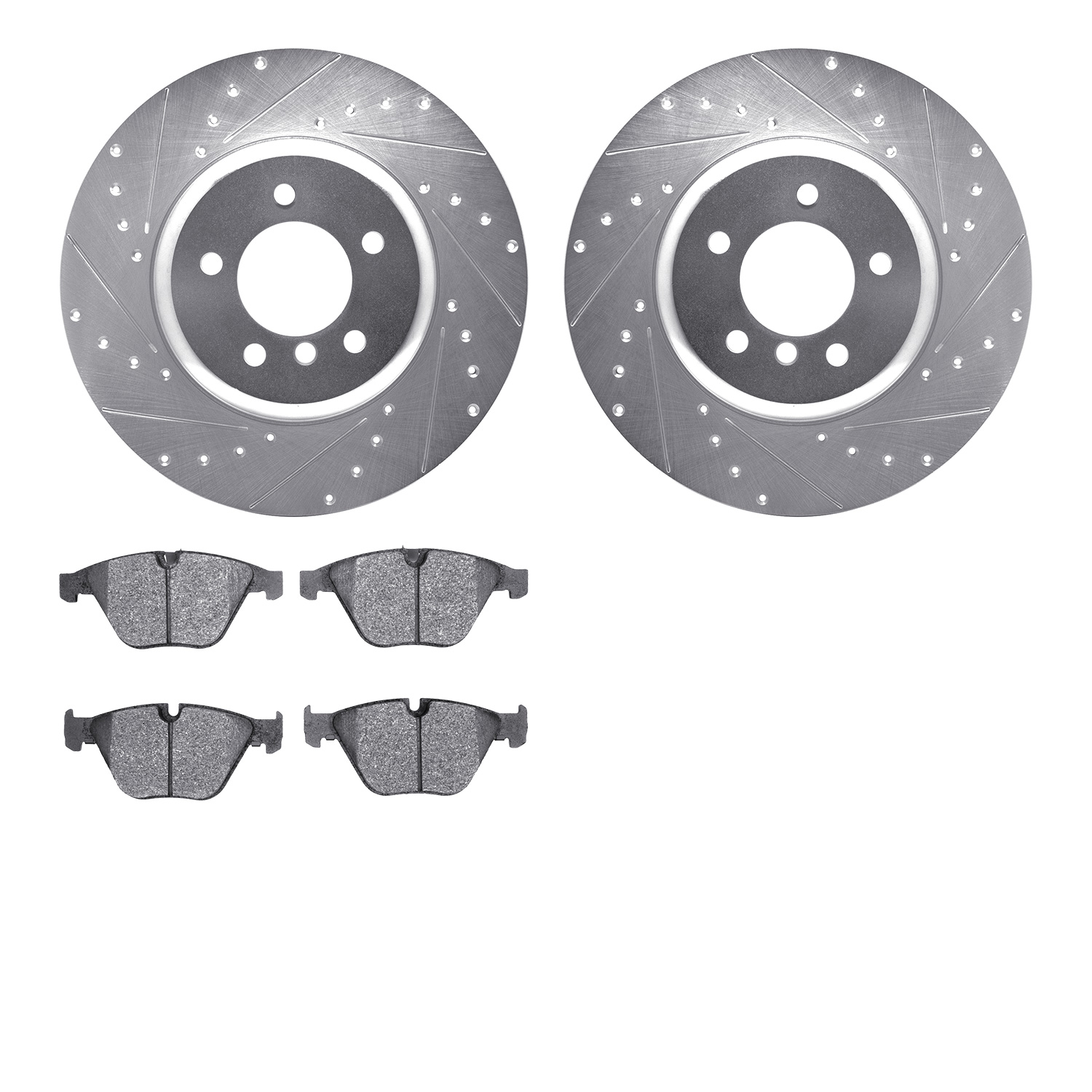7502-31099 Drilled/Slotted Brake Rotors w/5000 Advanced Brake Pads Kit [Silver], 2011-2016 BMW, Position: Front