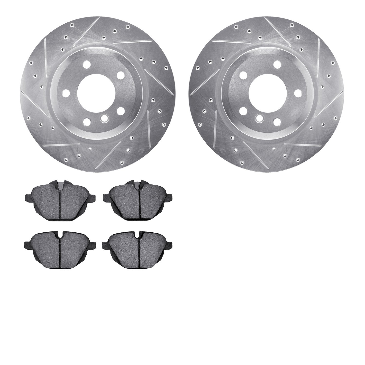 7502-31104 Drilled/Slotted Brake Rotors w/5000 Advanced Brake Pads Kit [Silver], 2011-2016 BMW, Position: Rear