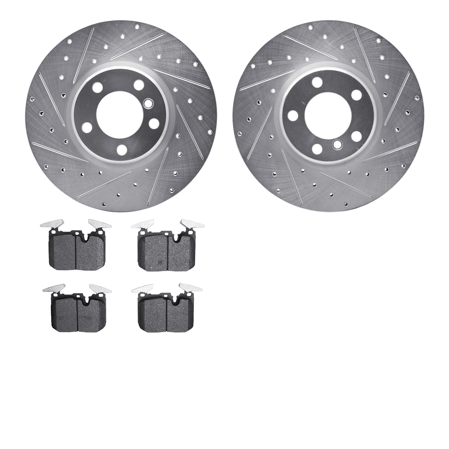 7502-31105 Drilled/Slotted Brake Rotors w/5000 Advanced Brake Pads Kit [Silver], 2012-2020 BMW, Position: Front