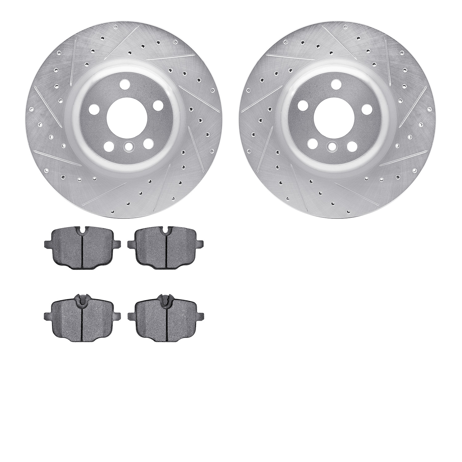 7502-31116 Drilled/Slotted Brake Rotors w/5000 Advanced Brake Pads Kit [Silver], 2017-2021 BMW, Position: Rear