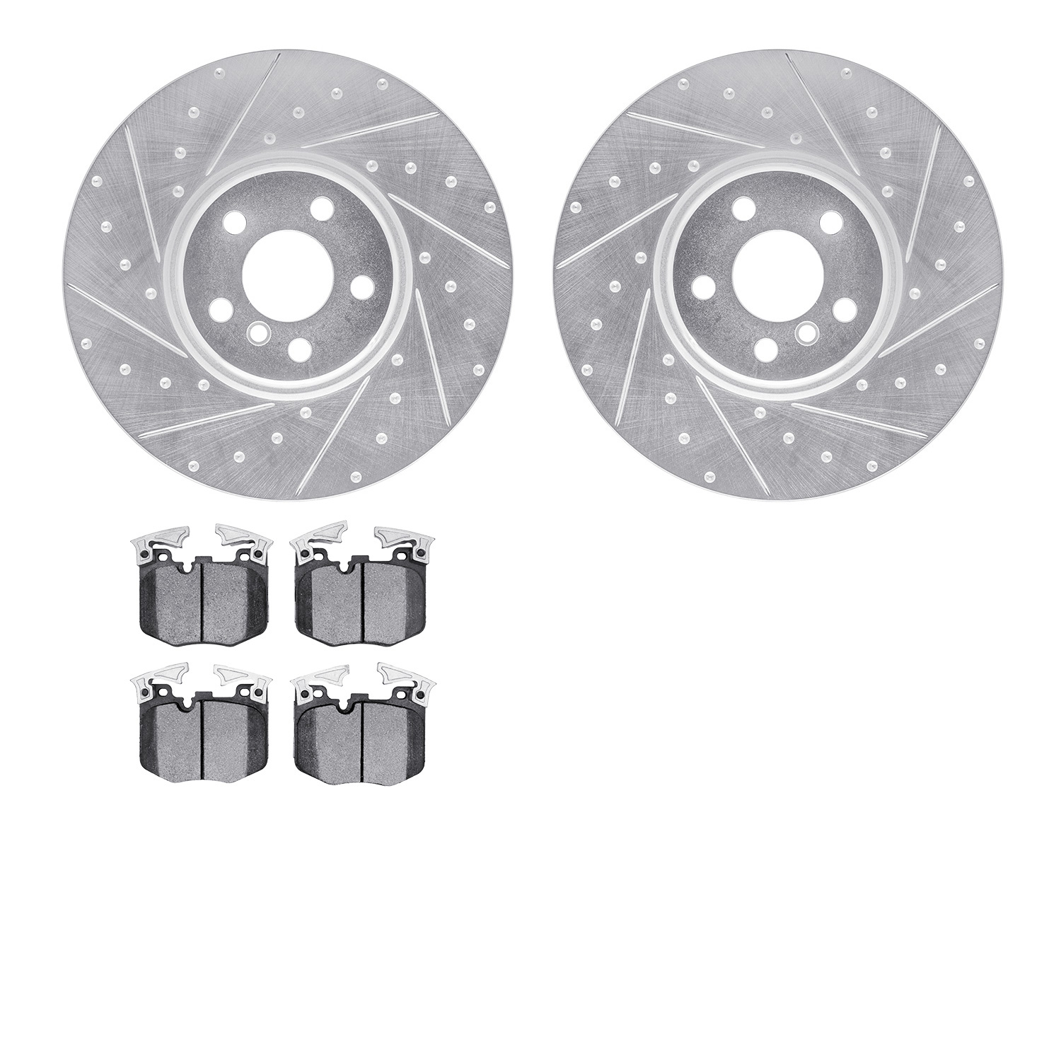7502-31118 Drilled/Slotted Brake Rotors w/5000 Advanced Brake Pads Kit [Silver], Fits Select BMW, Position: Front