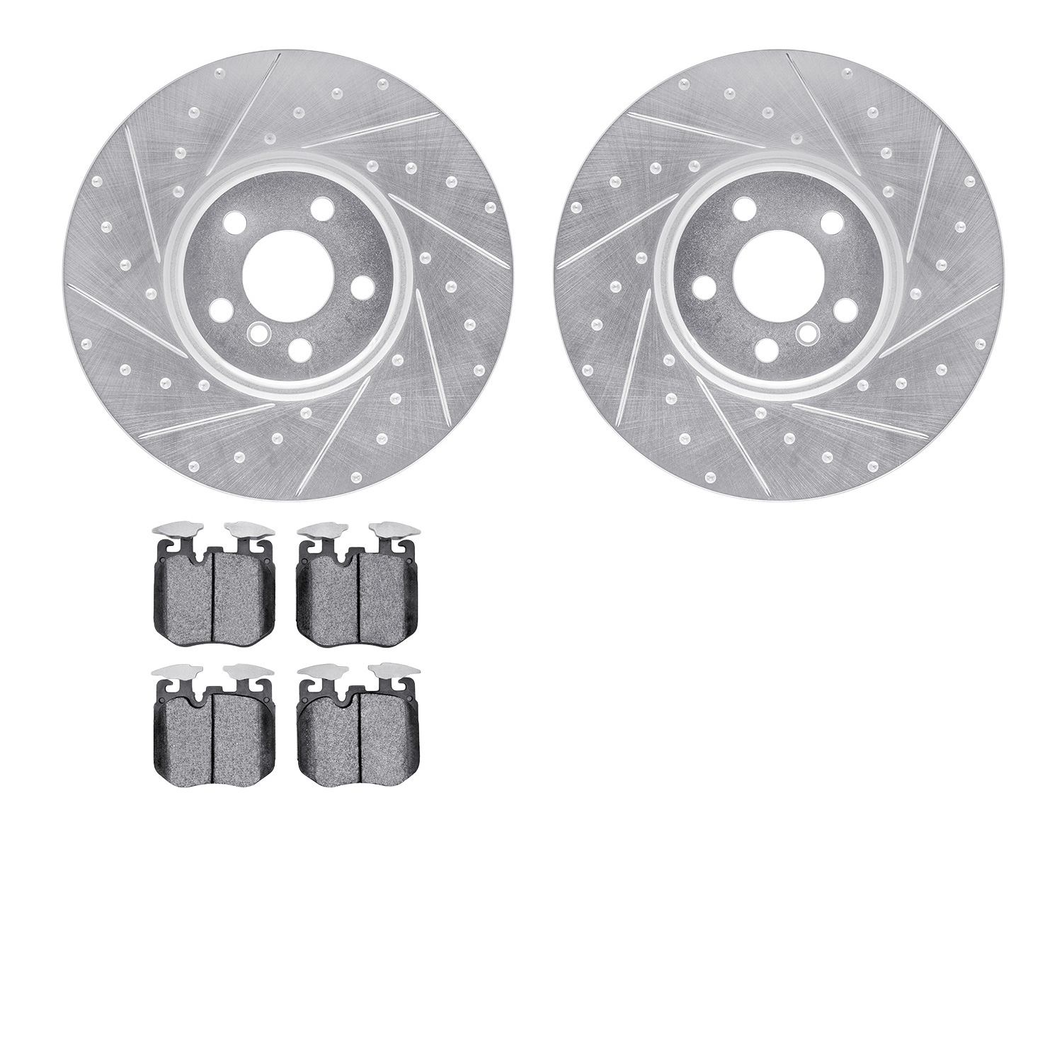 7502-31121 Drilled/Slotted Brake Rotors w/5000 Advanced Brake Pads Kit [Silver], 2019-2021 BMW, Position: Front